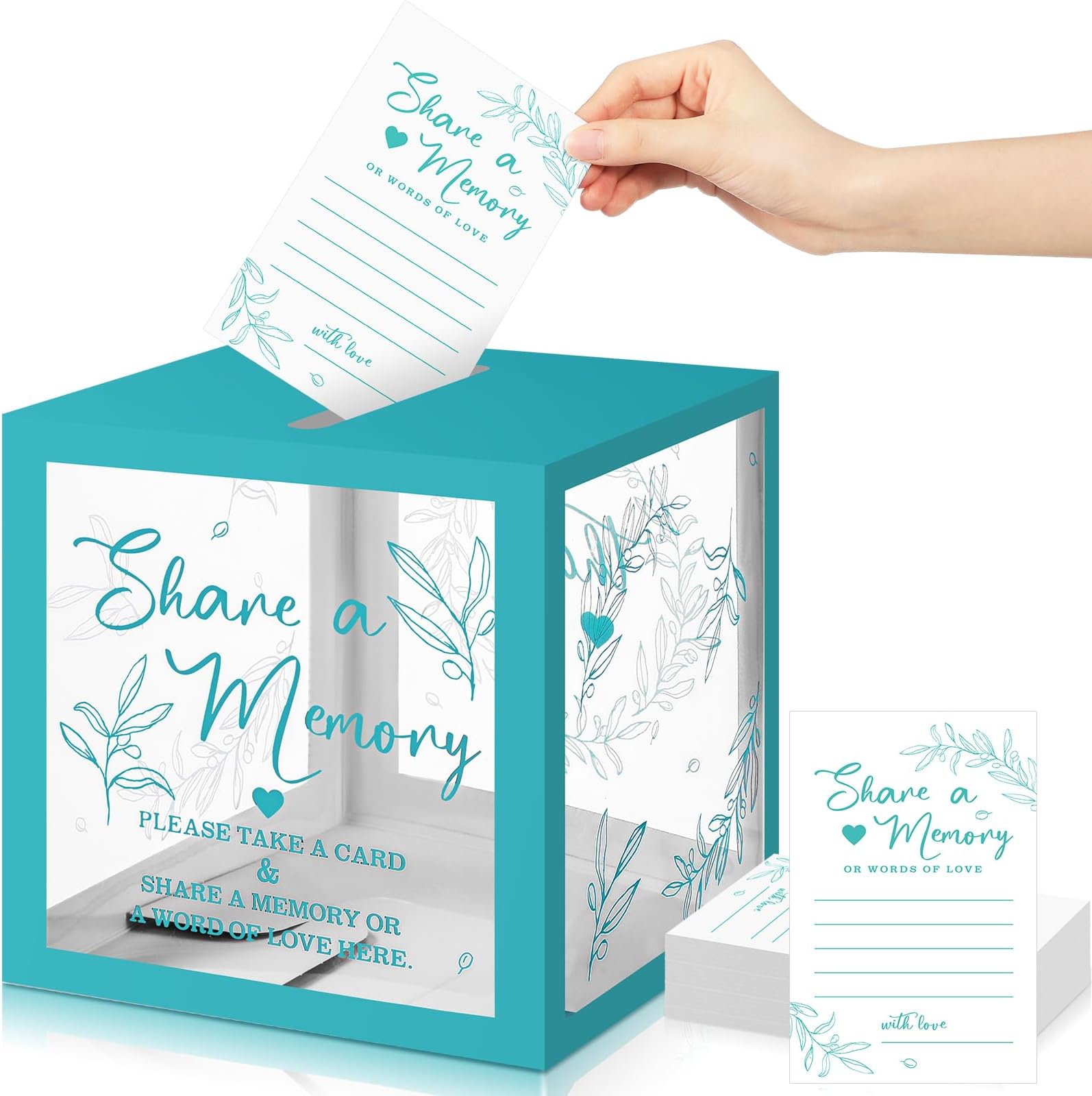 50 Pcs Greenery Share a Memory Card for Celebration of Life Memory Cards Box with Transparent Windows Memory Box for Funeral Wedding Birthday Graduation Bridal Shower Guest Card Ideas (Blue)