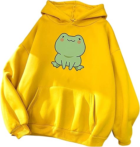 Sudadera con capucha para adolescentes y niñas, con estampado de rana, casual, manga larga, kawaii, con capucha de forro polar