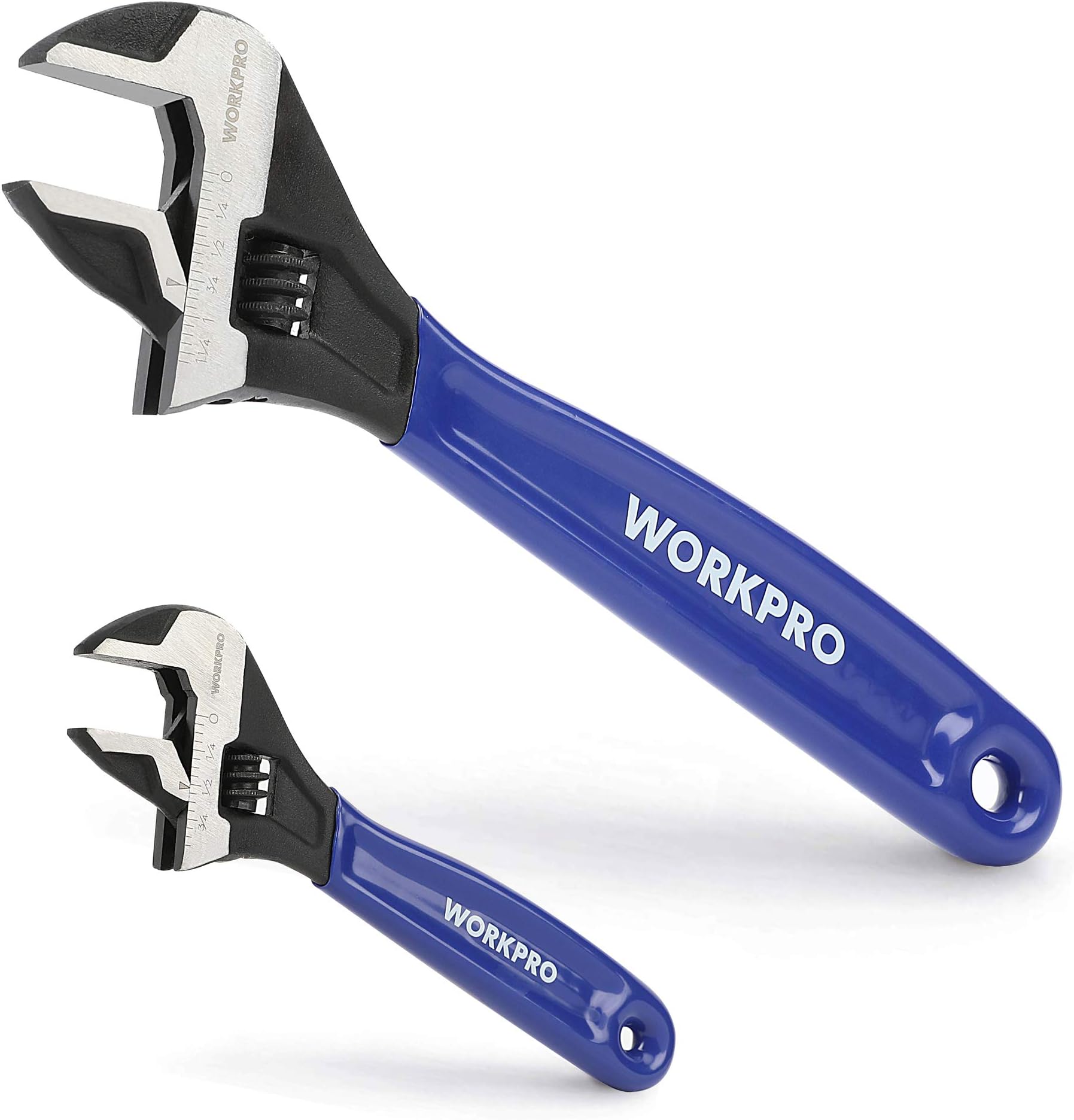 WORKPRO 2-piece Adjustable Wrench Set, 6-Inch & 10-Inch, Extra-Wide Jaw Black Oxide Wrench, Metric & SAE Scales, for Home, Garage, Workshop and DIY