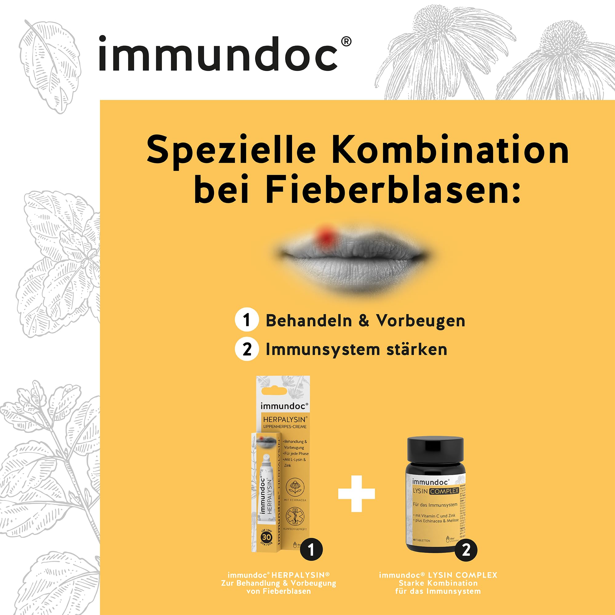 immundoc LYSIN COMPLEX, L-Lysin Tabletten, 60 Stück, mit 1000 mg L-Lysin pro Tagesdosis, mit Vitamin C, Zink und Pflanzenextrakten, glutenfrei und laktosefrei