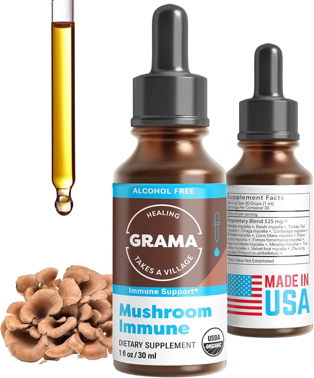 Grama Wellness USDA Organic Lion’s Mane Liquid Drops – Lions Mane Mushroom Tincture Extract for Focus, Memory & Mood – Alcohol-Free Lion’s Mane Supplement, Fruiting Body, Vegan, Non-GMO, 1 fl oz