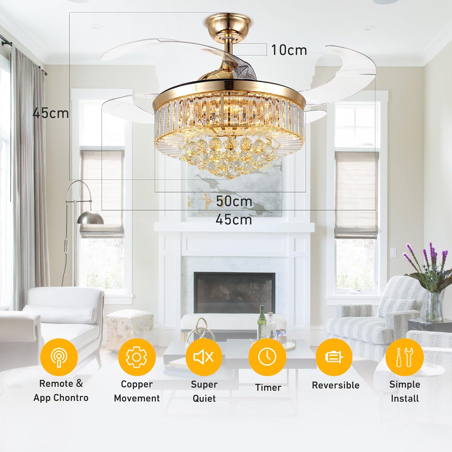 42'' Fandelier Ceiling Fans with Lights and Remote,Gold Semi Flush Mount Fan Light,Low Profile Ceiling Fans,Retractable Crystal Chandelier Fan（Gold）