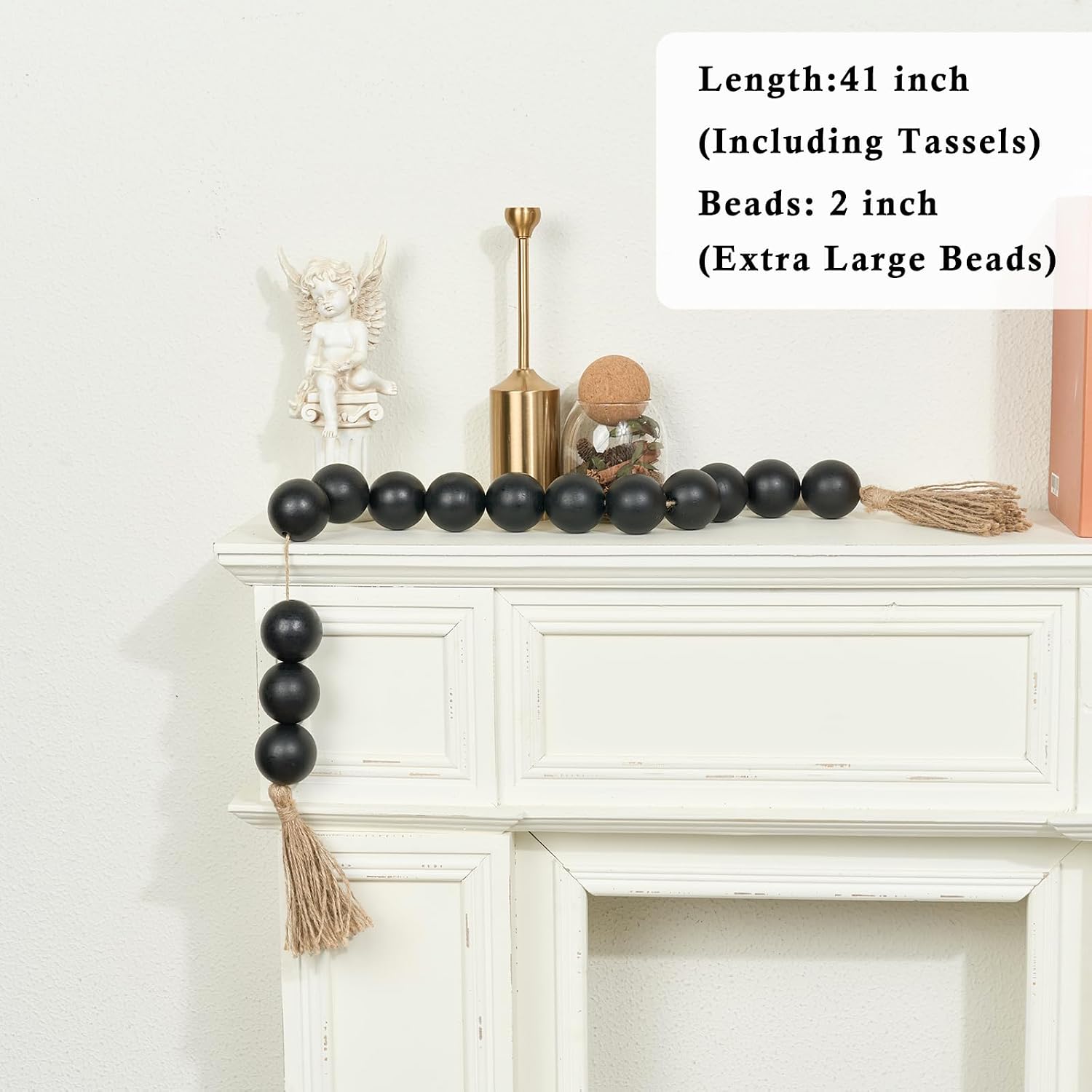 OMISHE Extra Large Wood Bead Garland with 2" Diameter Wooden Beads, 41" Long Rustic Farmhouse Wooden Beads Garland with Tassels, Decorative Beads Boho Decorations for Home Table Mantle Black