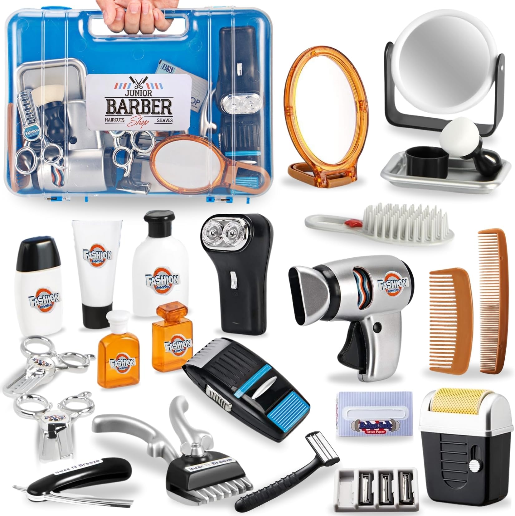 24 Pcs Barber Shop Pretend Play Toy - My First Shaving and Grooming Haircut Kit Toddler Role Play Set with Styling Accessories & Storage Box for Kids, Boys