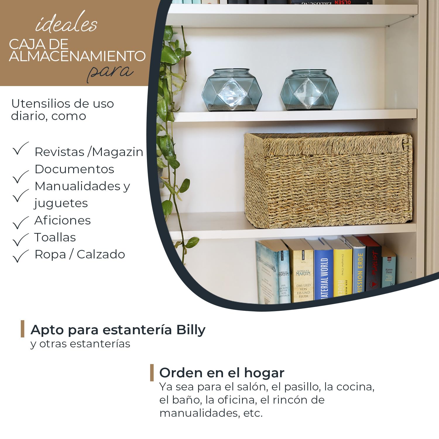 HMF Cesta de almacenamiento compatible con estantería Billy, Cesta trenzada de hierba marina con tres asas | juego de 4 | 35 x 25 x 20 cm | Natural