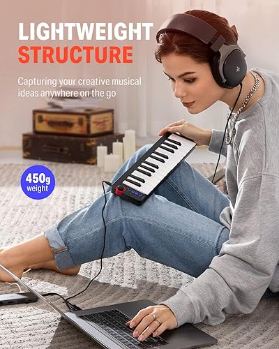 Miniatura 6 de Donner Mini Teclado MIDI, N-25 Controlador MIDI de 25 Teclas para Principiantes con Mini Teclas Sensibles a la Velocidad, Interruptor de Iluminación