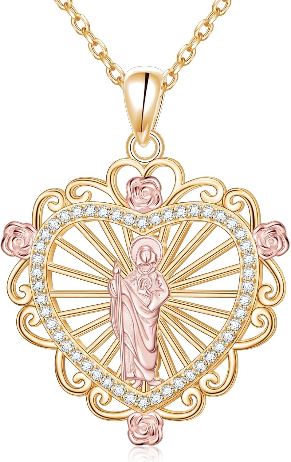 Alphm Virgin Mary/Saint Jude Necklace 925 Sterling Silver Gold Plated Virgen De Guadalupe/San Judas Tadeo Pendant Religious Jewelry for Women