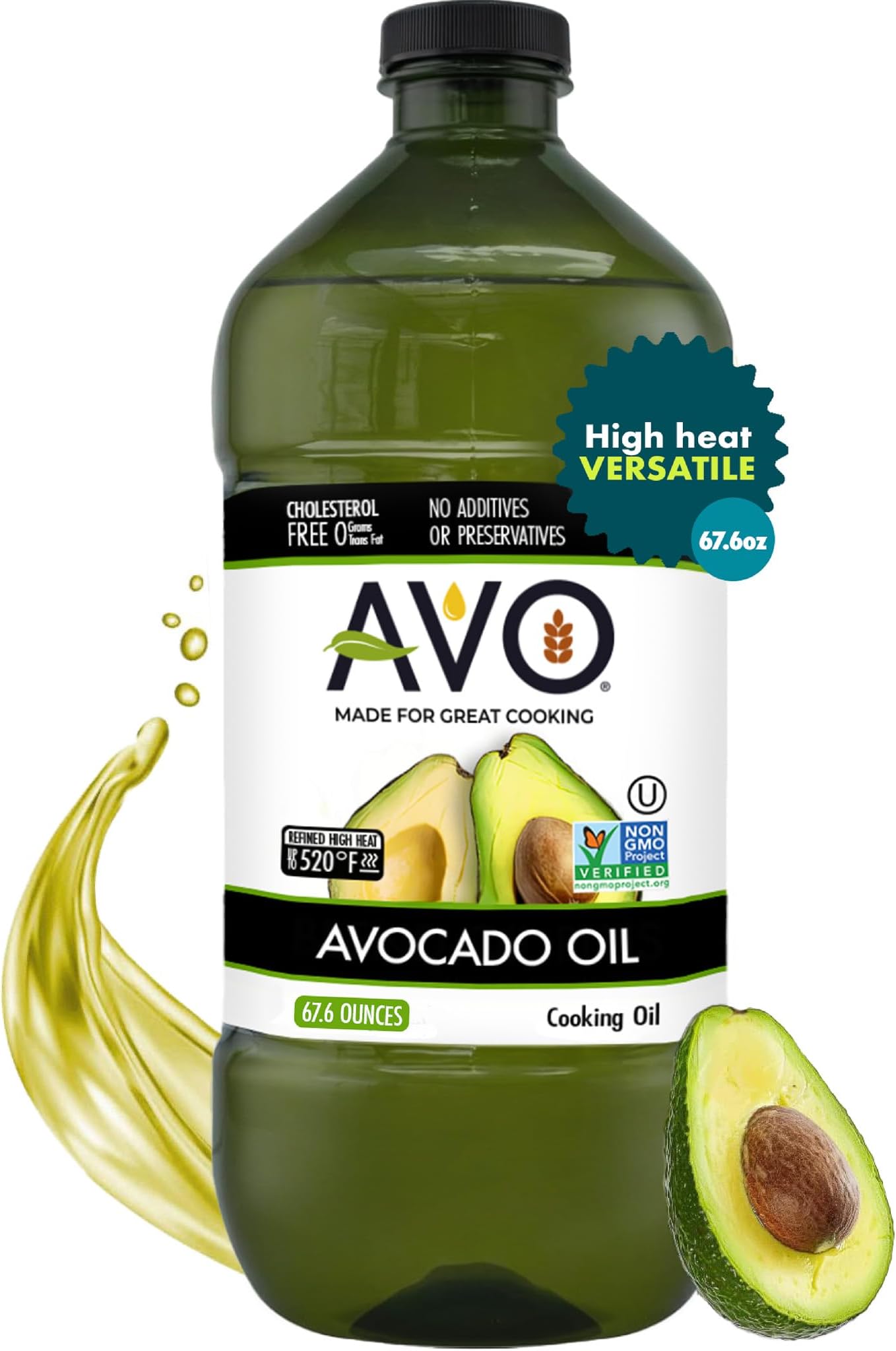 Bulk Avocado Oil for Cooking (67.6 fl oz), Non-GMO Certified, No Preservatives, High Smoke Point 500°F, Neutral Flavor, Gluten-Free, Plant-Based, OU Kosher