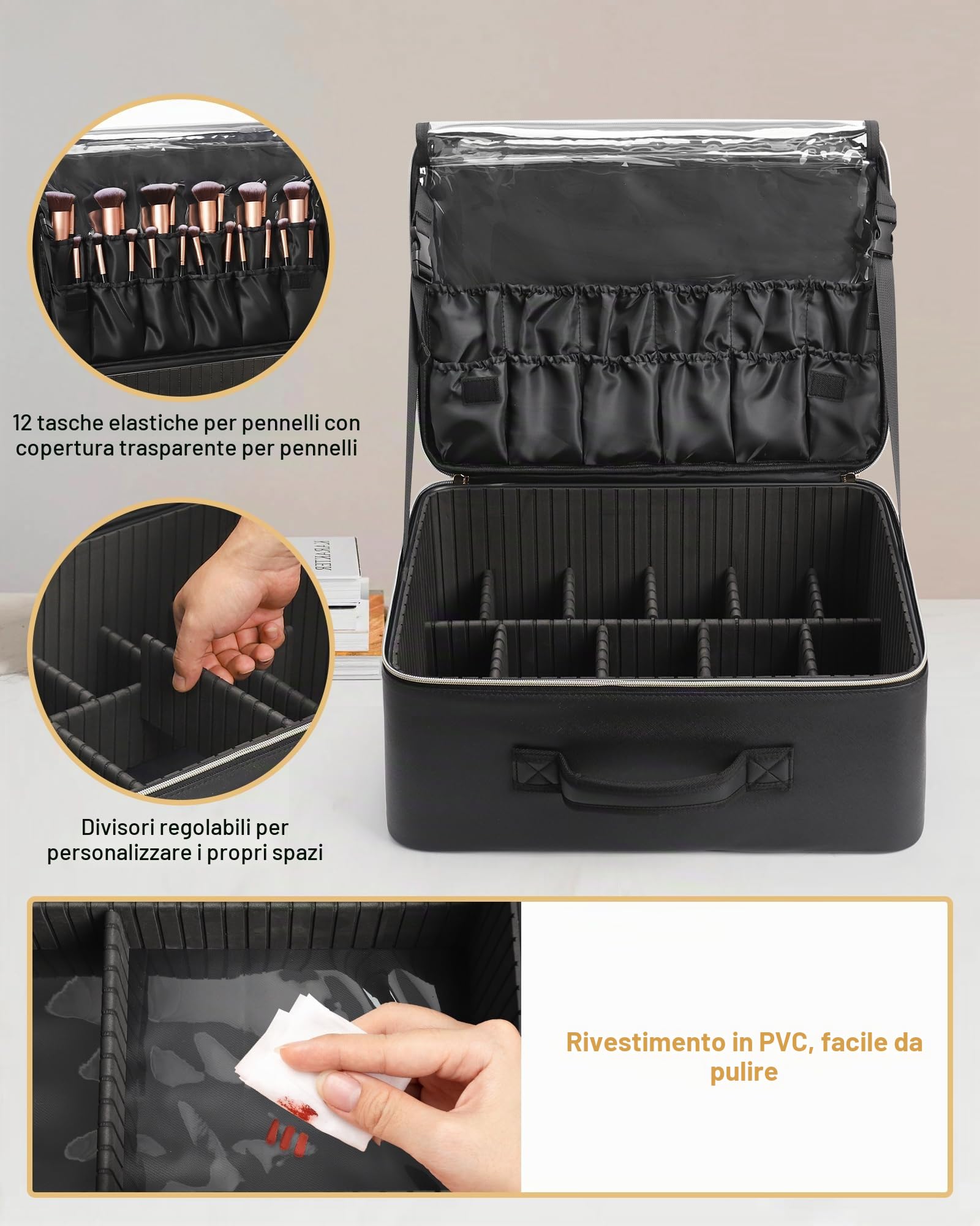 Beauty case extra large, custodia professionale per truccatori, organizer da viaggio con 4 piccoli scomparti e piattino per pennelli/rossetti, divisori regolabili