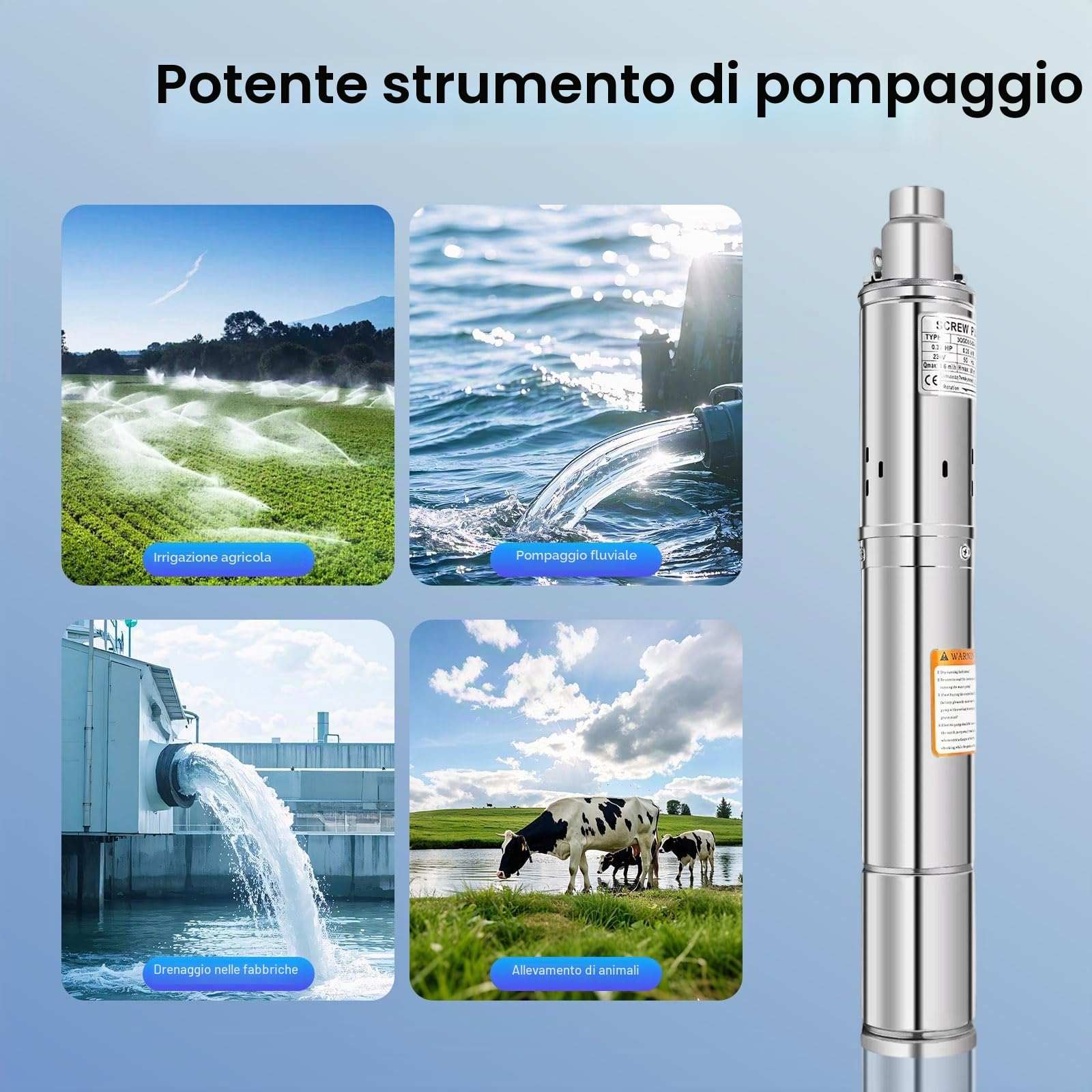 Pompa per pozzi profondi 3", 250 W, 220-240 V, in acciaio inox, cavo 20 m, mandata 80 m, portata 1600 l/h, IP68, per irrigazione, agricoltura, camper