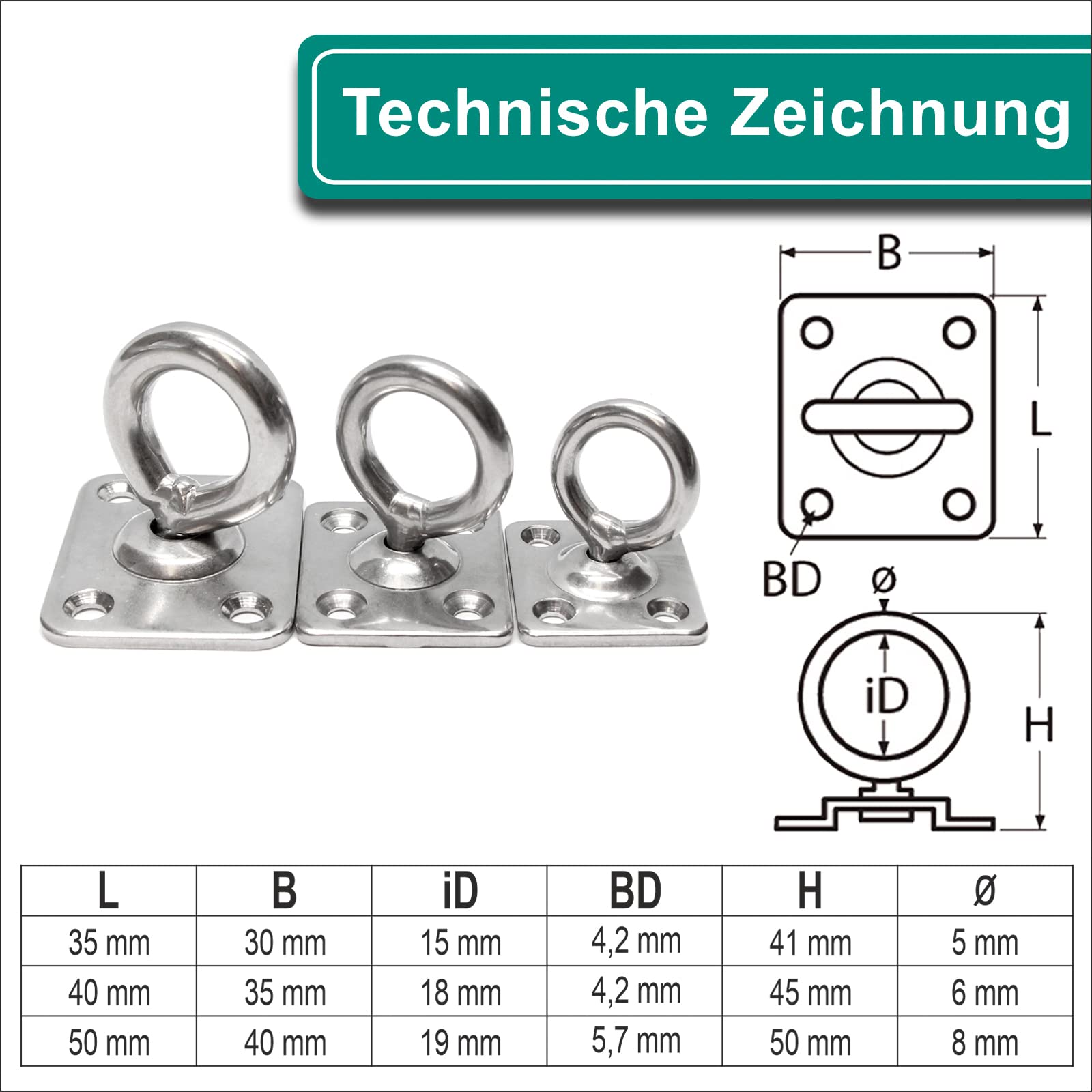 PRIOstahl Augplatte mit Wirbel Rechteckig Decksplatte Drehwirbel - 5 x 35 mm x 4 Stück Befestigung Mastplatte Halterung Aufhängen Anbinden für Boxsack drehbar um 360 Grad aus Edelstahl V2A