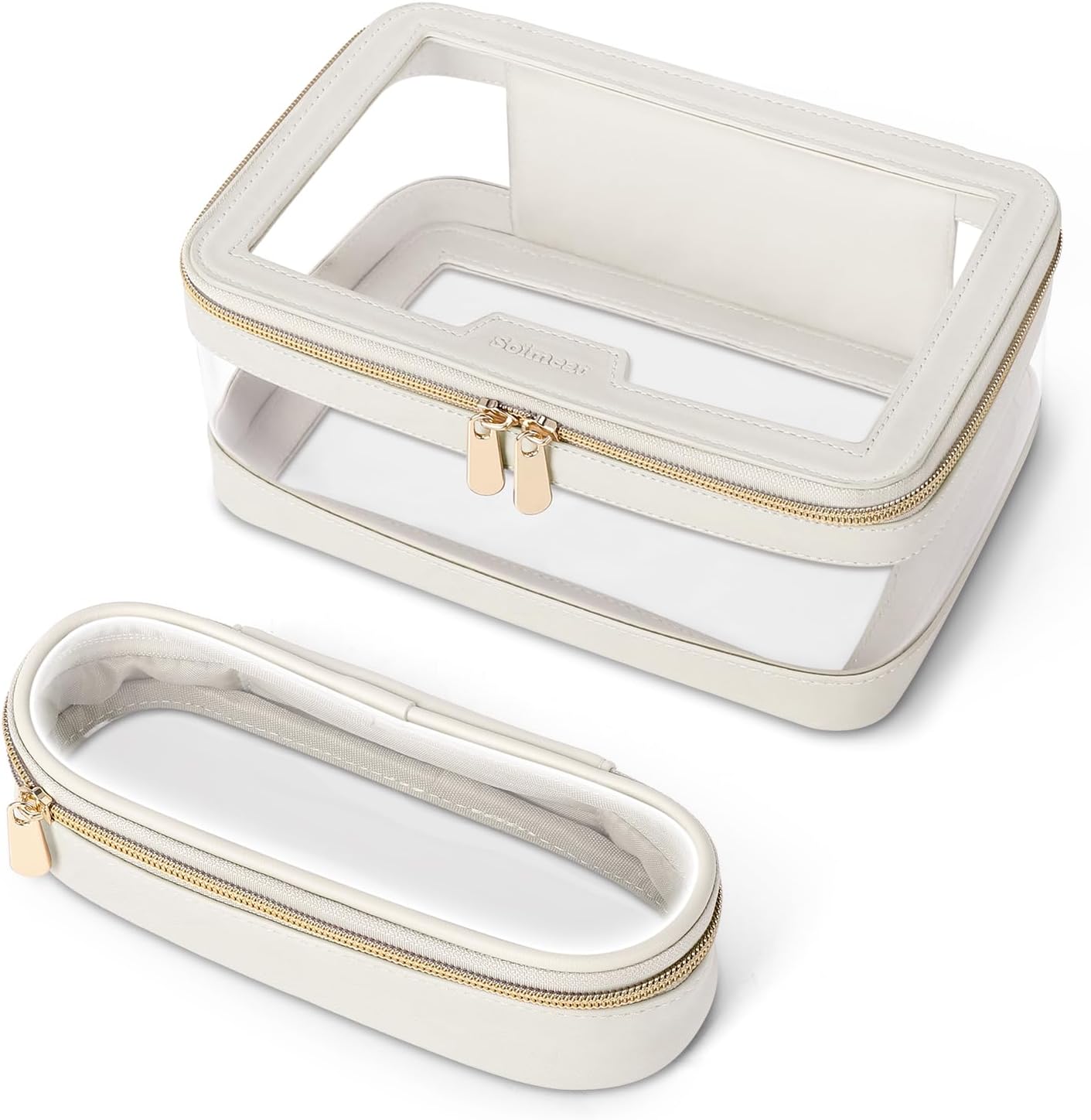 Travel Clear Makeup Bag with Makeup Brush Bag, Leather Makeup Case Toiletry Bag, Portable Cosmetic Bag Case, Transparent Waterproof Cosmetic Organizer Storage Bag for Women, Off-White, M, 1
