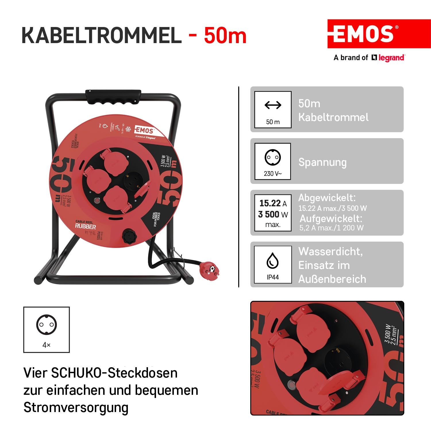EMOS - Avvolgicavo da 50 m - 4 prese Schuko - impermeabile, resistente agli urti, resistente alle temperature - 230 V, 15 A, 3500 W - Isolamento in gomma - H05RR-F 2,5 mm2 - IP44 per esterni