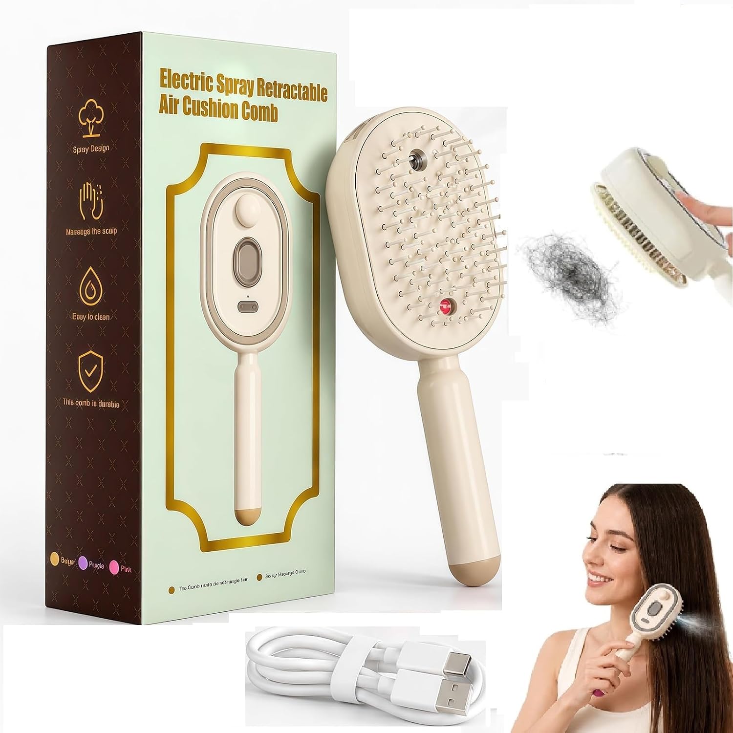 Electric Spray Air Cushion Massage Comb, Upgraded 3 in 1 Rechargeable Air Cushion Hair Brush, Retractable Self-Cleaning Steam Brush for Frizzy Hair & Detangling (Beige,No hair oil and cup)