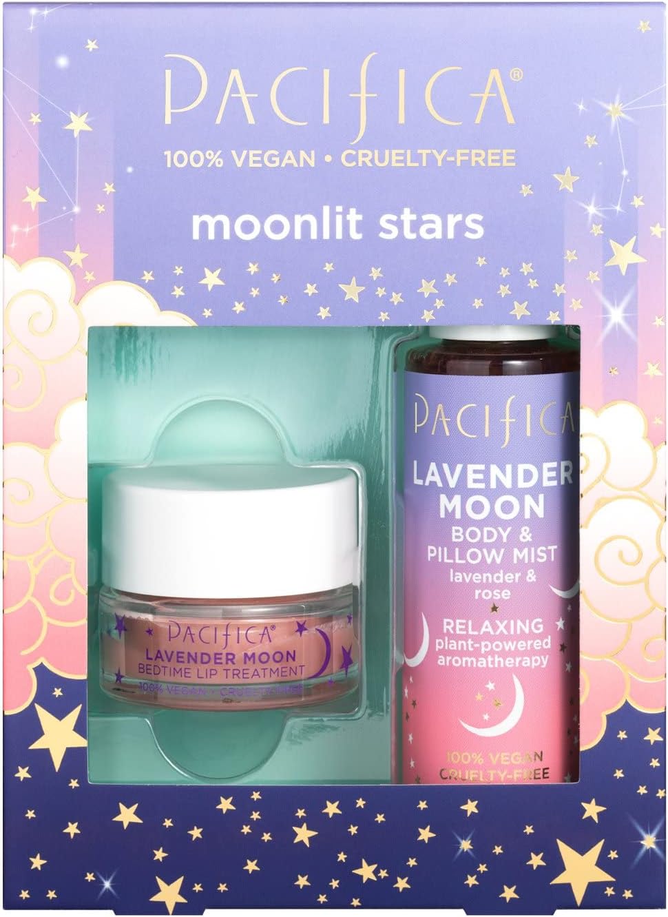 Pacifica Beauty Moonlit Stars Duo, Lavender Pillow Mist, Linen Spray, Overnight Lip Treatment, Holiday Gift Set, Stocking Stuffer, Aromatherapy for Sleep, Clean Skin Care, Vegan + Cruelty Free, Purple