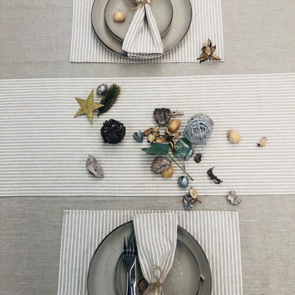 Cotton & Linen Blend Christmas Table Runner Festive Table Decor Santa, Reindeer, Snowmen & Trees - Perfect for Holiday Dining Table & Kitchen Decoration (Linen White Stripe, 30cm x 200cm)