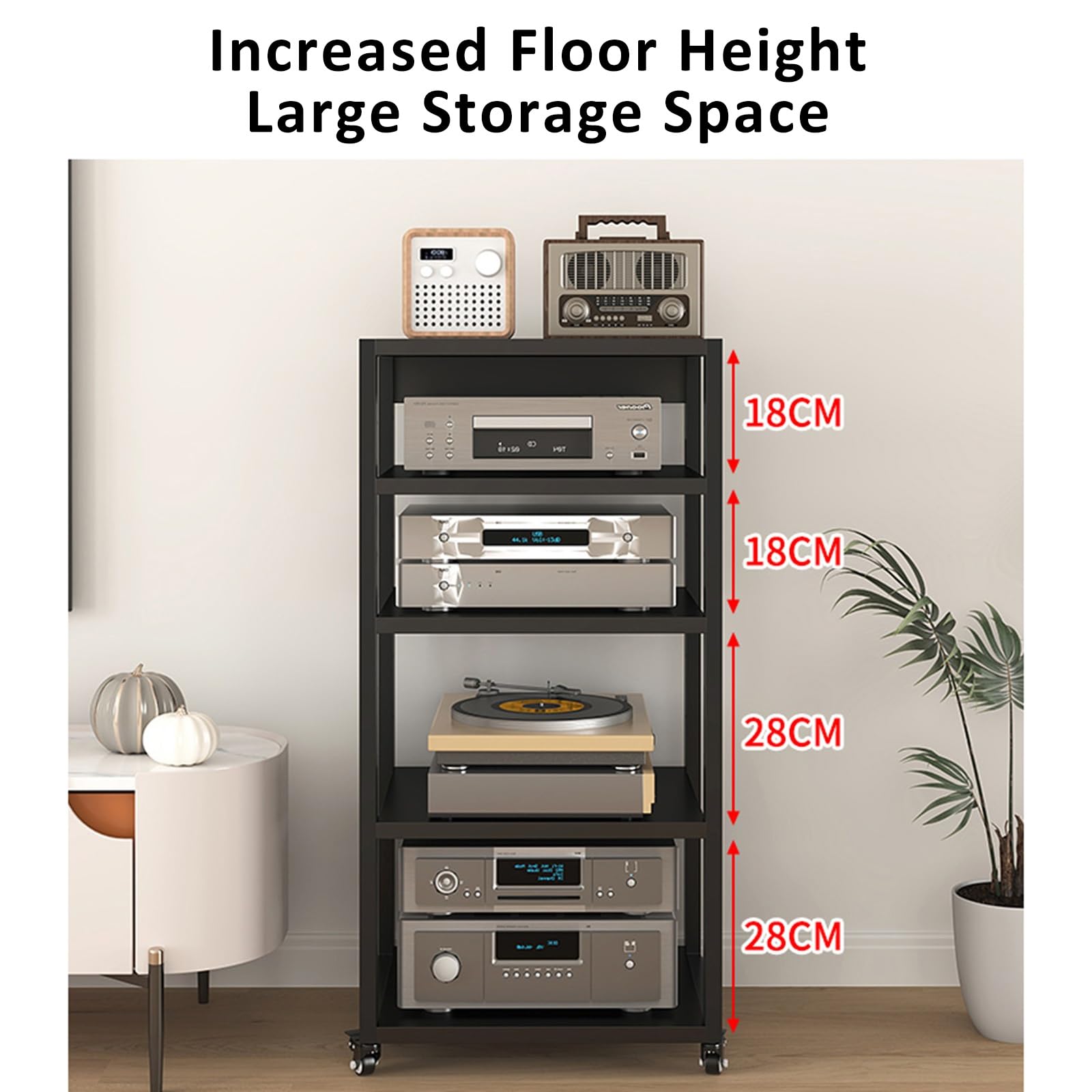 Generico Mobiletto Stereo Moderno con Ruote, mobiletto Porta Dischi in Vinile a 5 Ripiani, Supporto per Supporti Audio-Video, mobiletto Porta TV angolare, ripiano per Router e Dvd.
