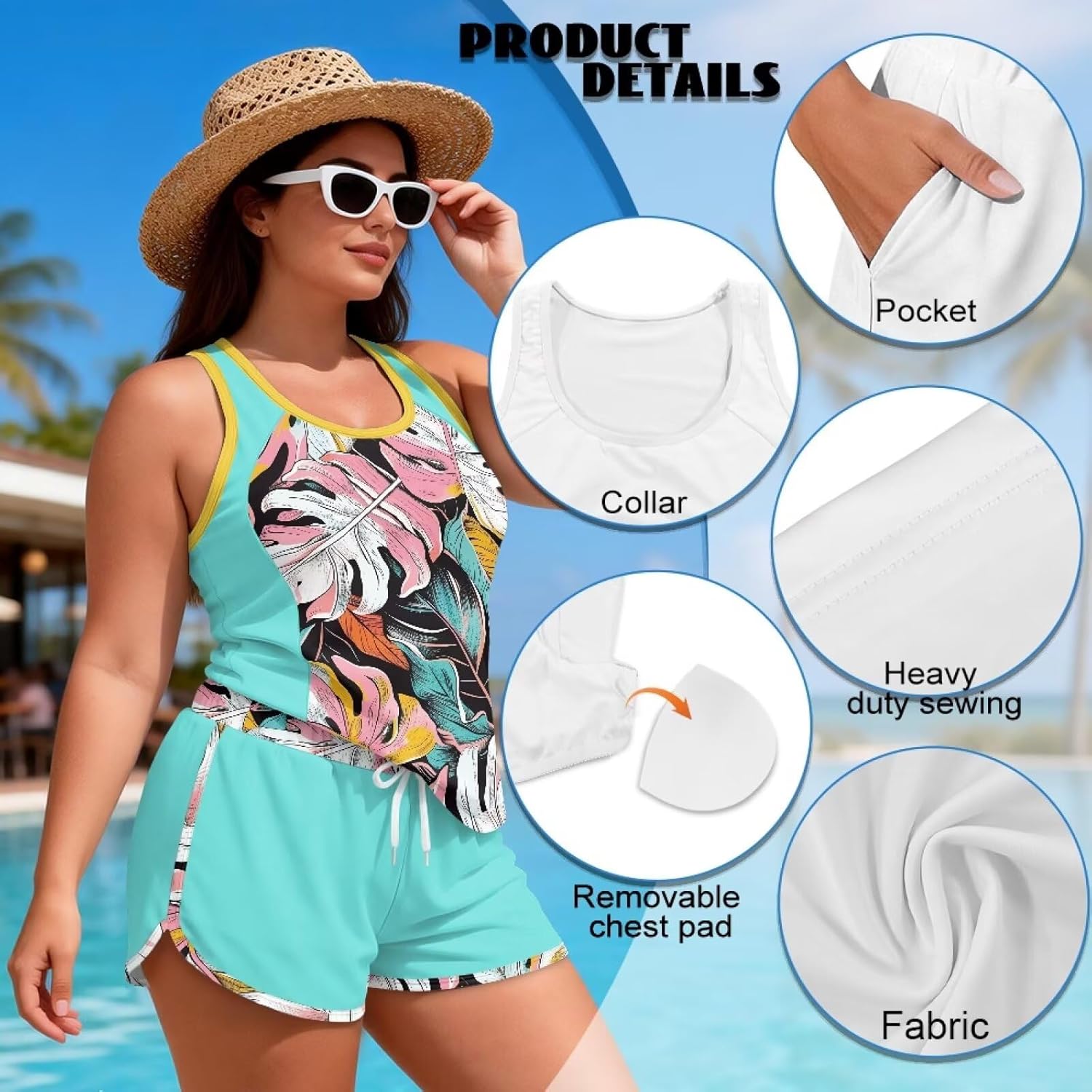 Women's 2 Piece Tankini Swimsuits with Shorts Beach Athletic Swimwear Bathing Suits Swim Shorts Side Pockets S-6XL