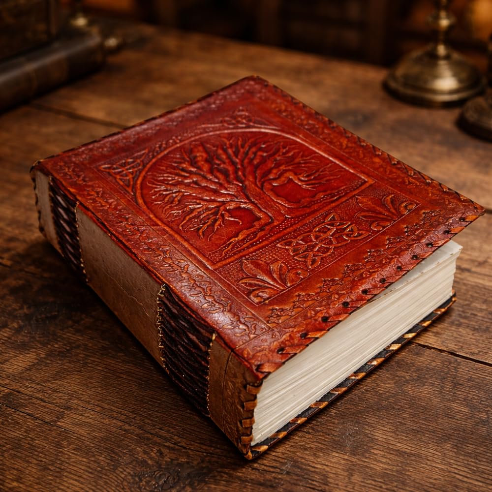 Diario in pelle con albero della vita da 600 pagine, fatto a mano, vintage, rilegato in pelle, con albero della vita in rilievo, diario di scrittura spesso per viaggi, schizzi e uso spirituale, 17,8 x