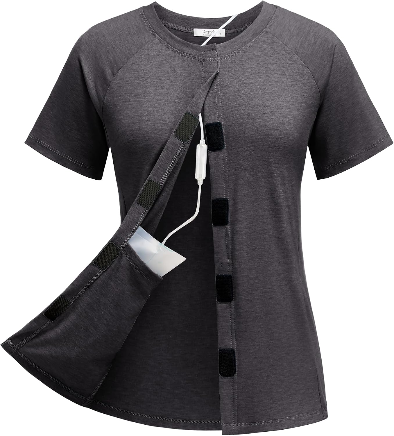 Deyeek Mastectomy Shirts with Drain Pockets for Women Short Sleeve Shirt Chemotherapy Must Haves Dark Gray