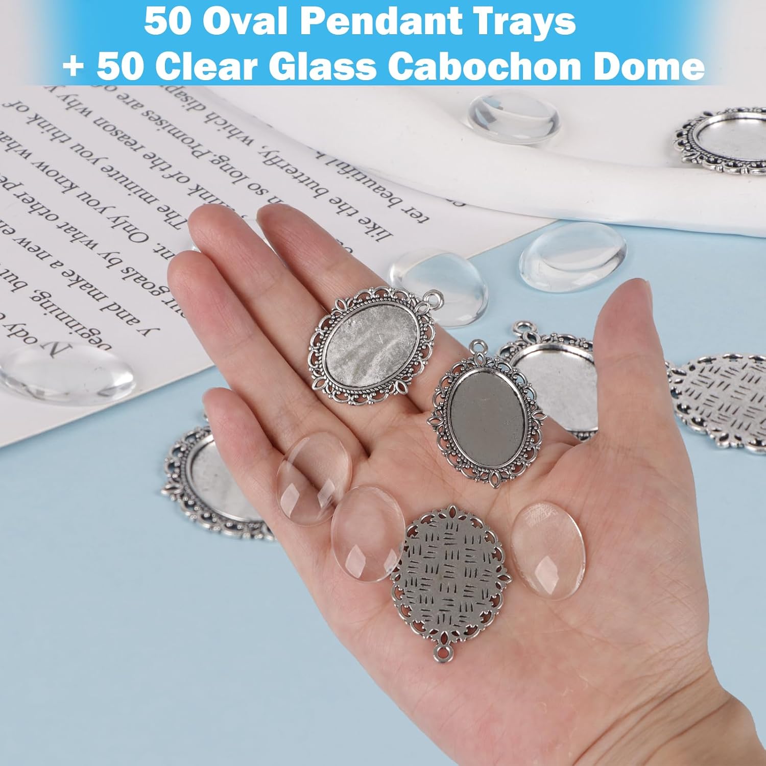 100 Pcs Bezel Pendant Blanks Settings, 50 Oval Pendant Trays Photo Charms with 50 Clear Glass Cabochon for Jewelry Making, DIY Blank Bezels Trays Kit for Crafts, 25x18mm (Antique Silver) - Image 2