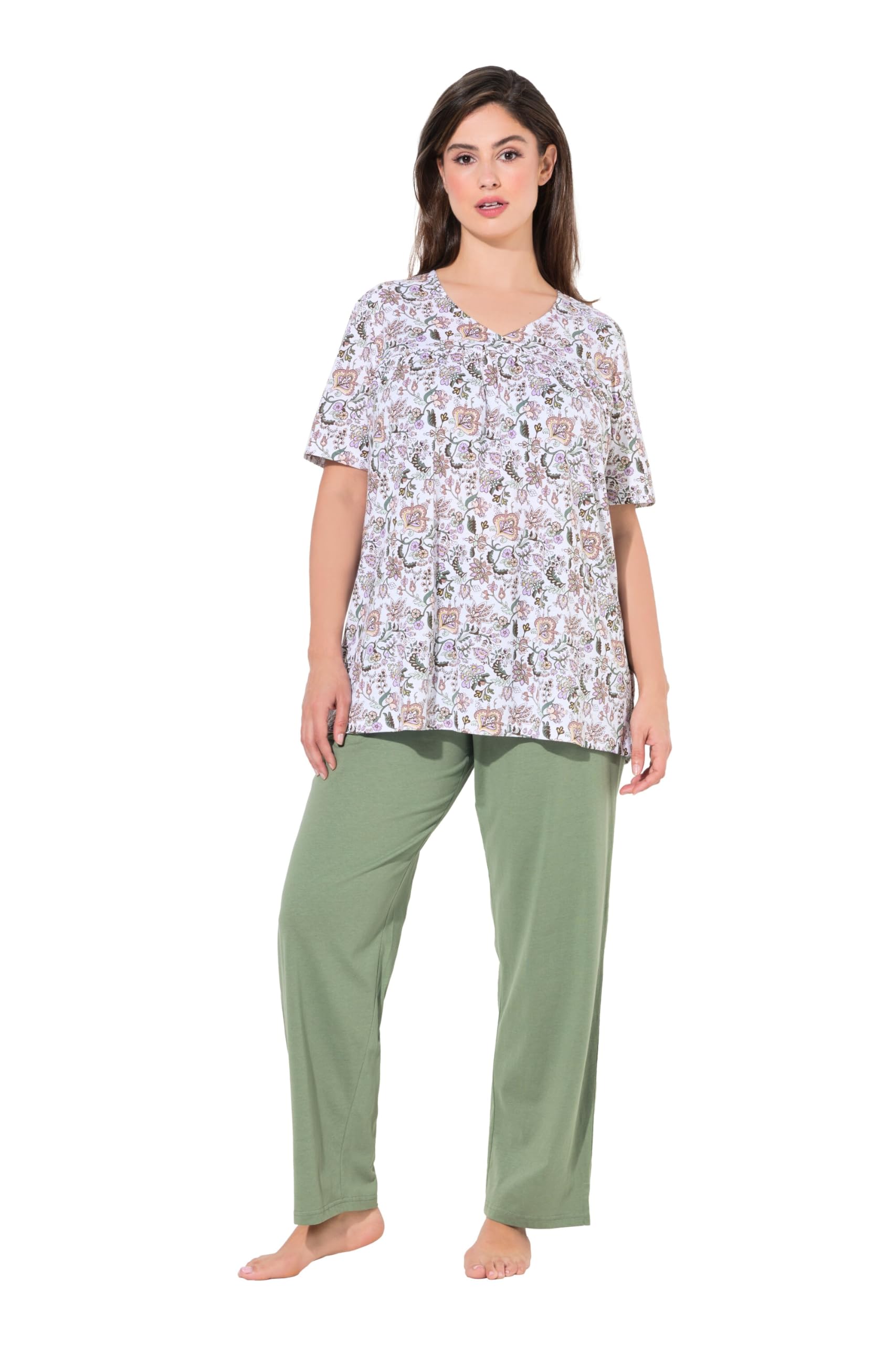 Ulla Popken Damen große Größen Übergrößen Plus Size Pyjama, Blüten, V-Ausschnitt, Halbarm, Taschen 834665