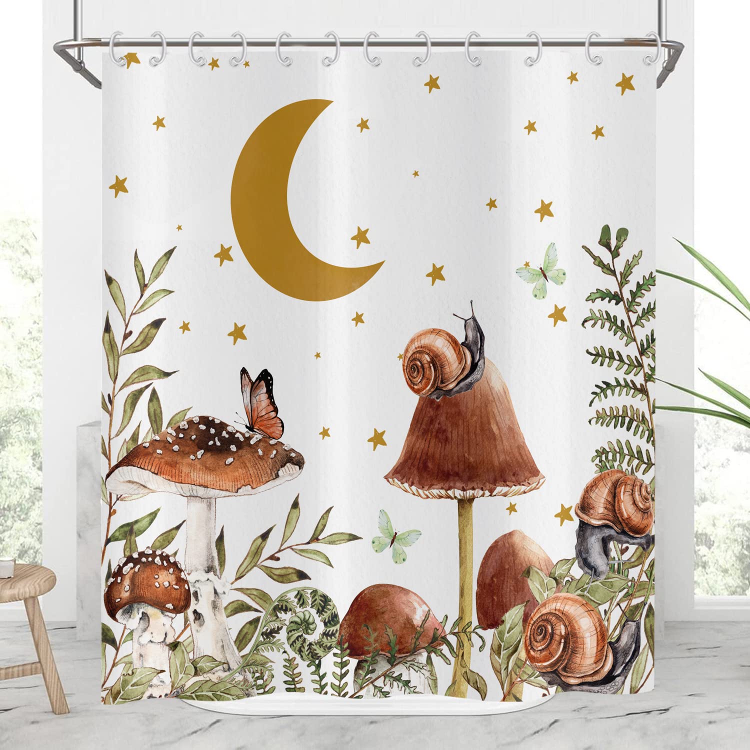 Hnmdmyi Mushroom Shower Curtain 150x180, Vintage Retro Fungu Botanical Plant Moon Snail Star Butterfly Bathroom Curtains with Hooks Waterproof Polyester Fabric Washable Bath Curtains for Wet Room