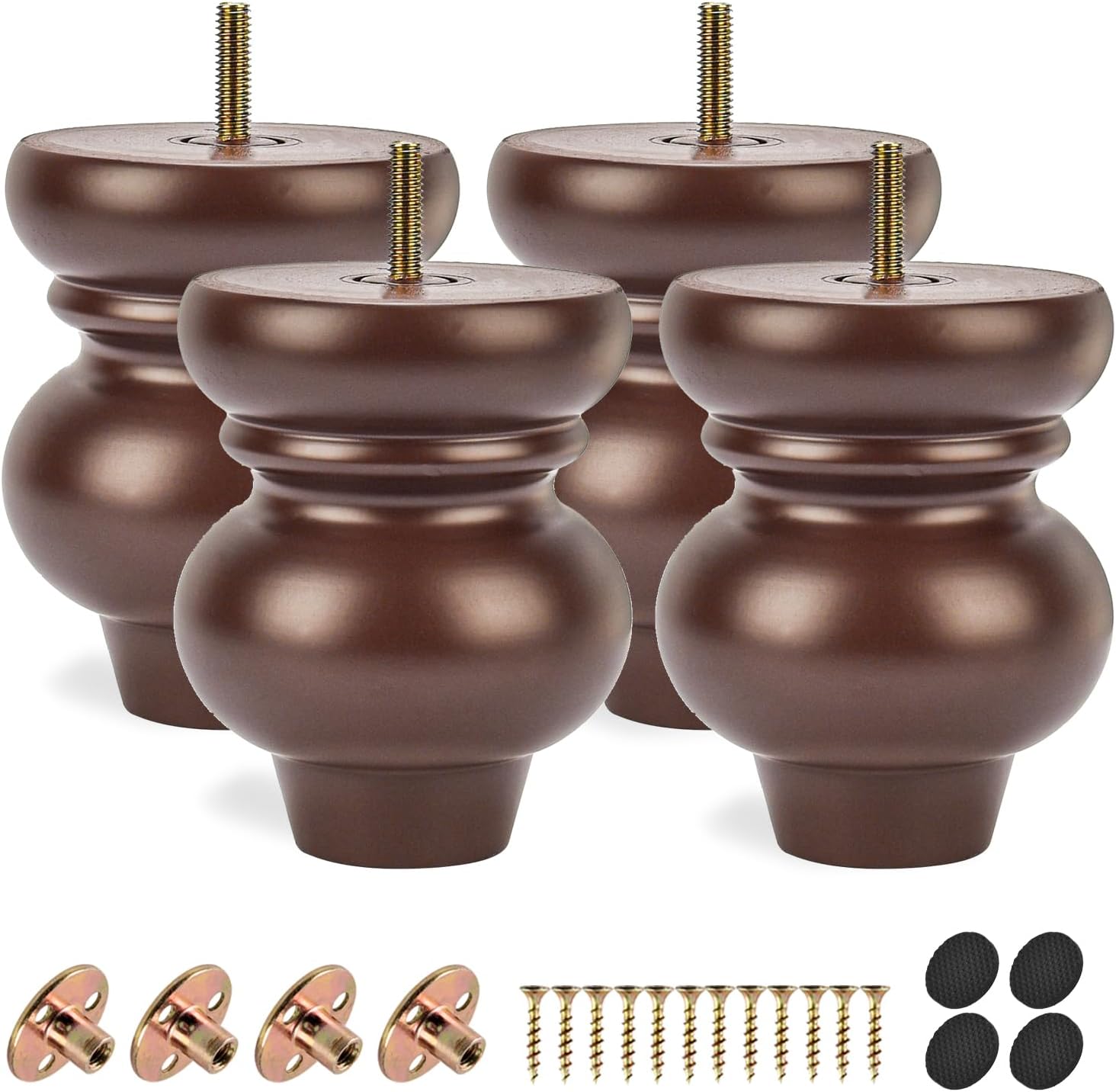 5 inch / 12cm Wooden Furniture Legs, Pack of 4 Classic Walnut Solid Wood Turned DIY Replacement Bun Feet with M8 Hanger Bolts & T-Nuts for Sofa Couch Cabinet Ottoman Bed Riser