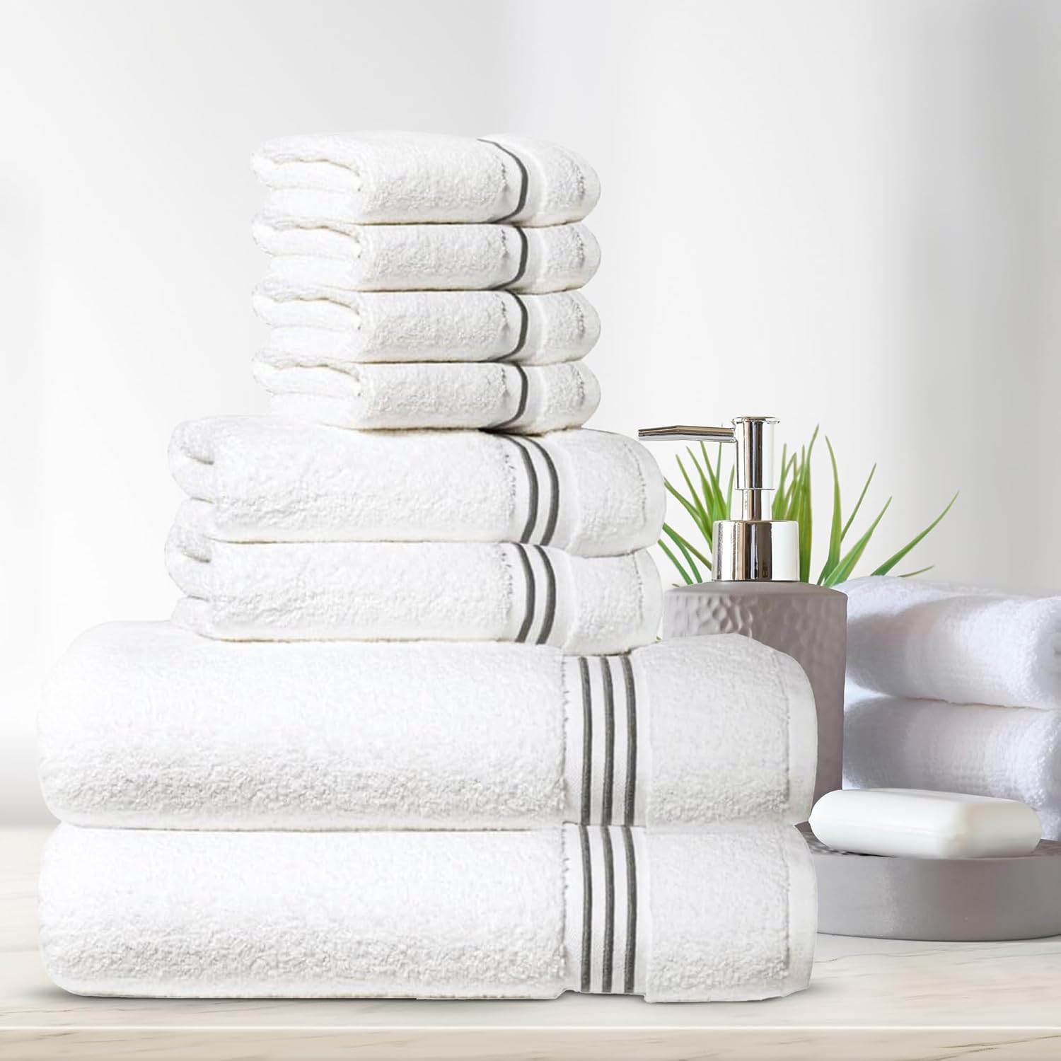 8-Piece Premium Towel Set, 2 Bath Towels, 2 Hand Towels, and 4 Wash Cloths, 100% Ring Spun Cotton Highly Absorbent Towels for Bathroom, Gym, Hotel, and Spa