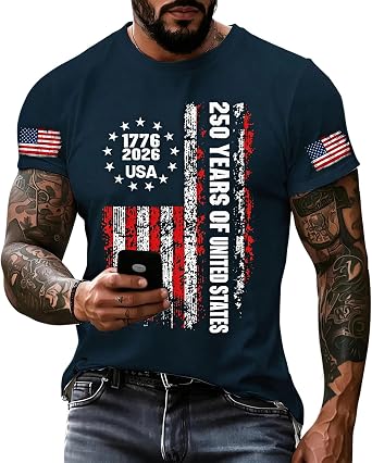 250 Anniversary USA Shirt for Men Crewneck Pullover Tops Mens Short Sleeve Retro T-Shirt 1776-2026 America 250 Merchandise-M