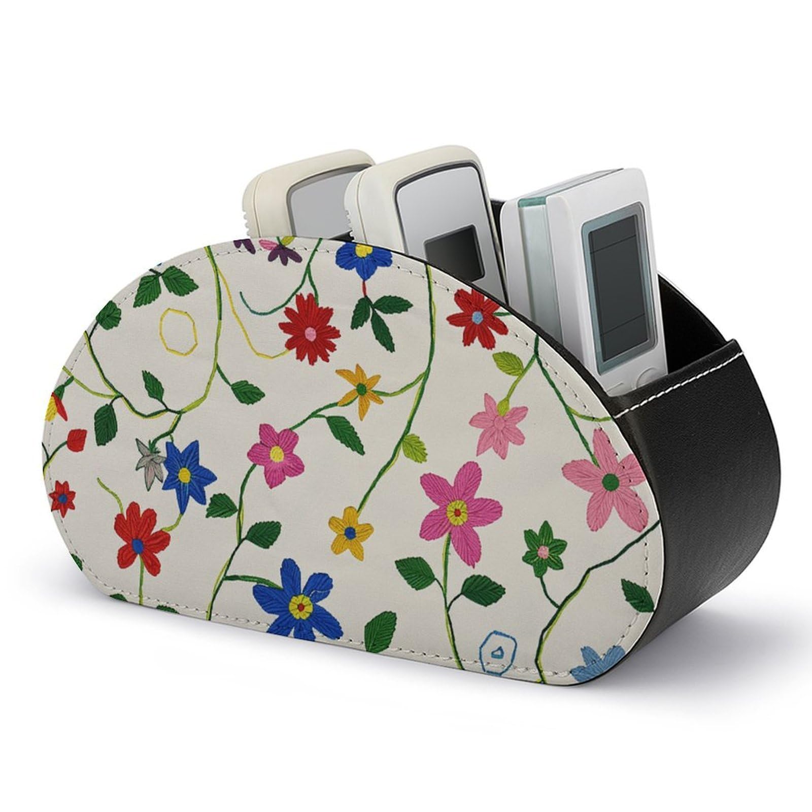 NTVOWPZO Vine Flower Pattern Remote Control Holder with 5 Compartment Organizer Box, Leather TV Remote Holder Organizer Caddy for Table, PU Leather Remote Box for Nightstand Office Desk Storage Box