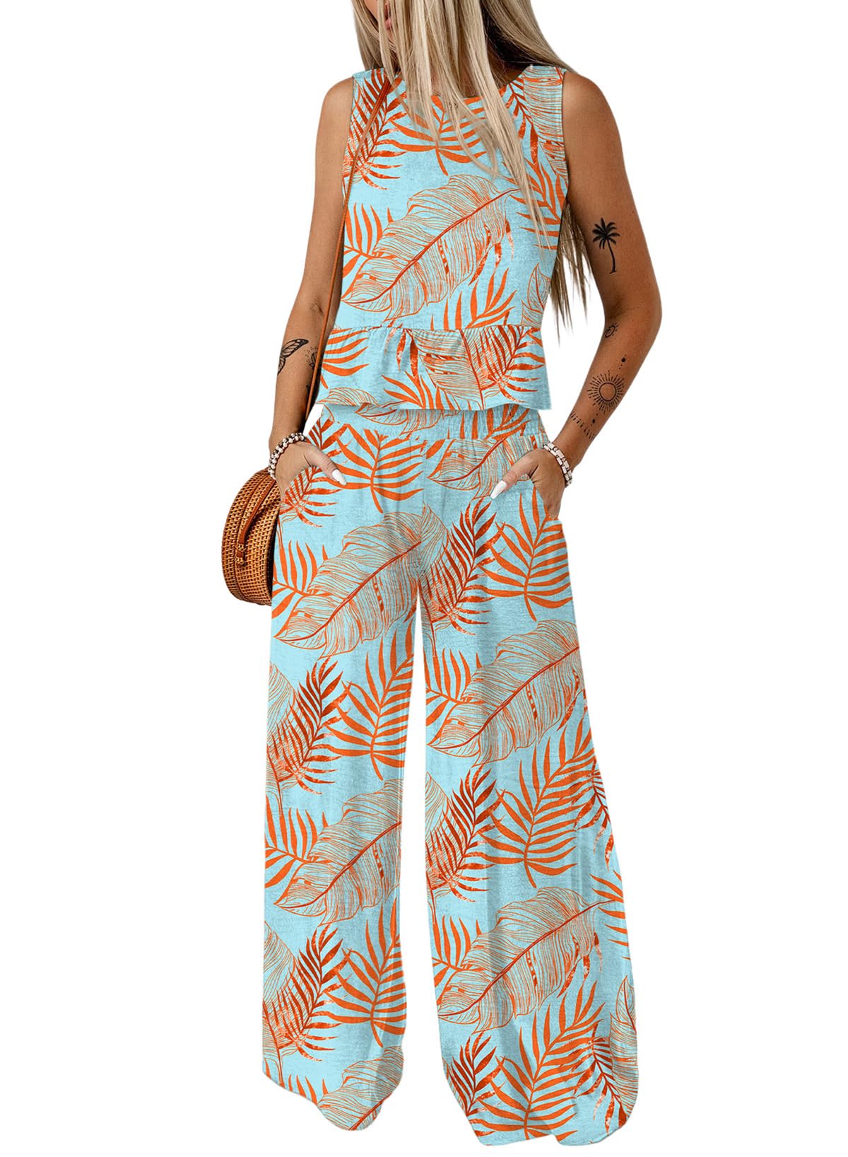 Dokotoo Womens 2 Piece Outfits Tank Tops Elastic Waist Wide Leg Pants Sets