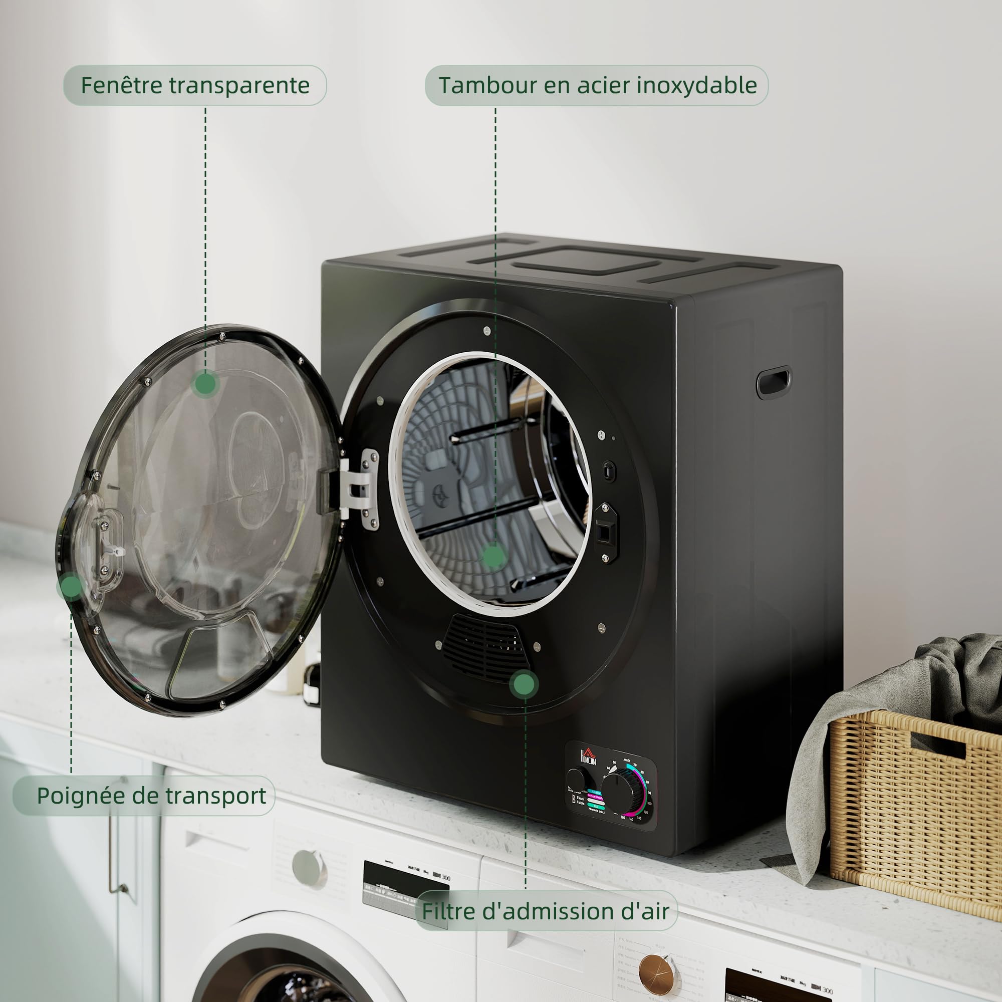 HOMCOM Sèche-linge à évacuation portable électrique 850W 2,5Kg acier inoxydable 4 modes séchage noir