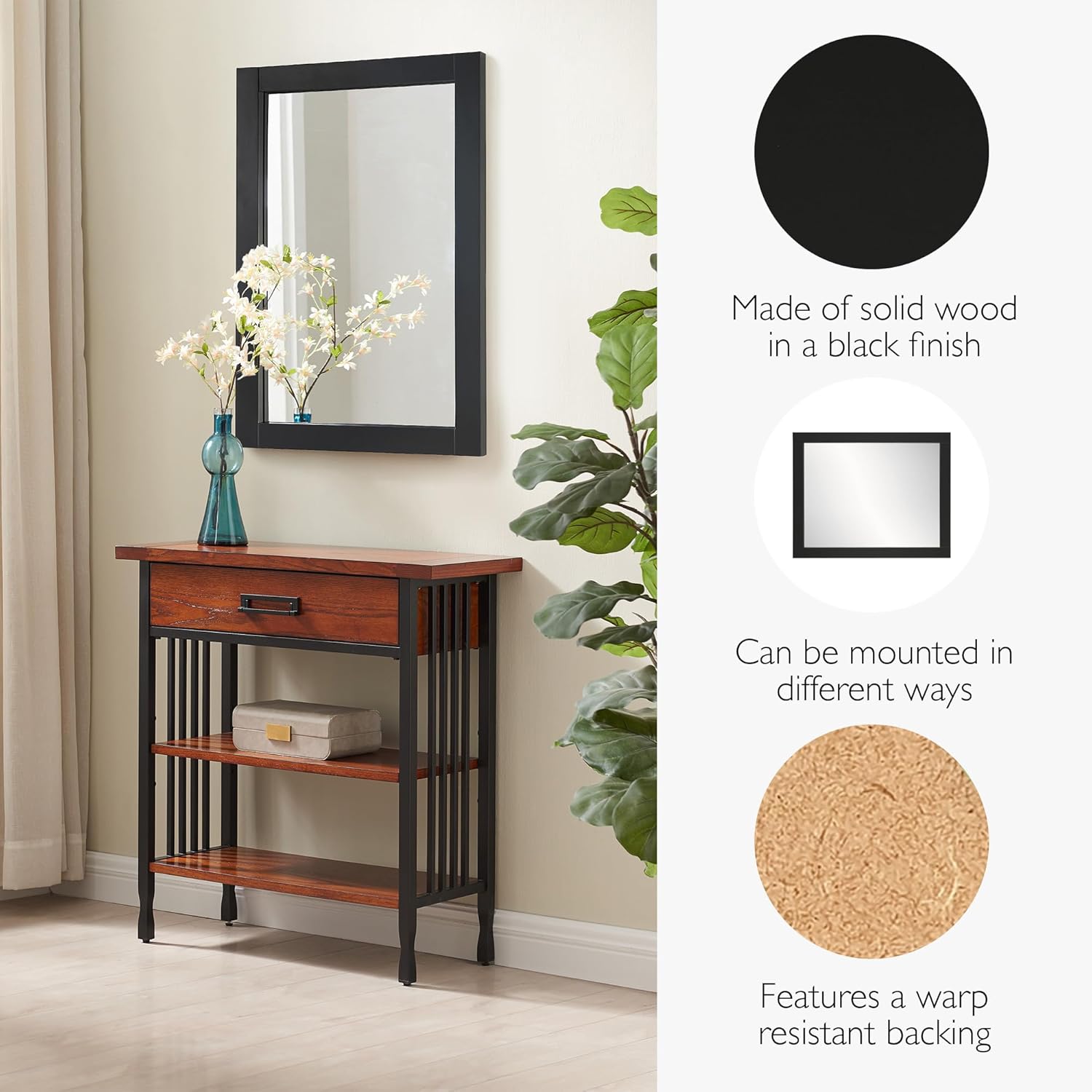 Design House Shorewood Mirror, Matte Black Wood Frame, Rectangle, 24 in x 0.75 in x 30 in, 589648