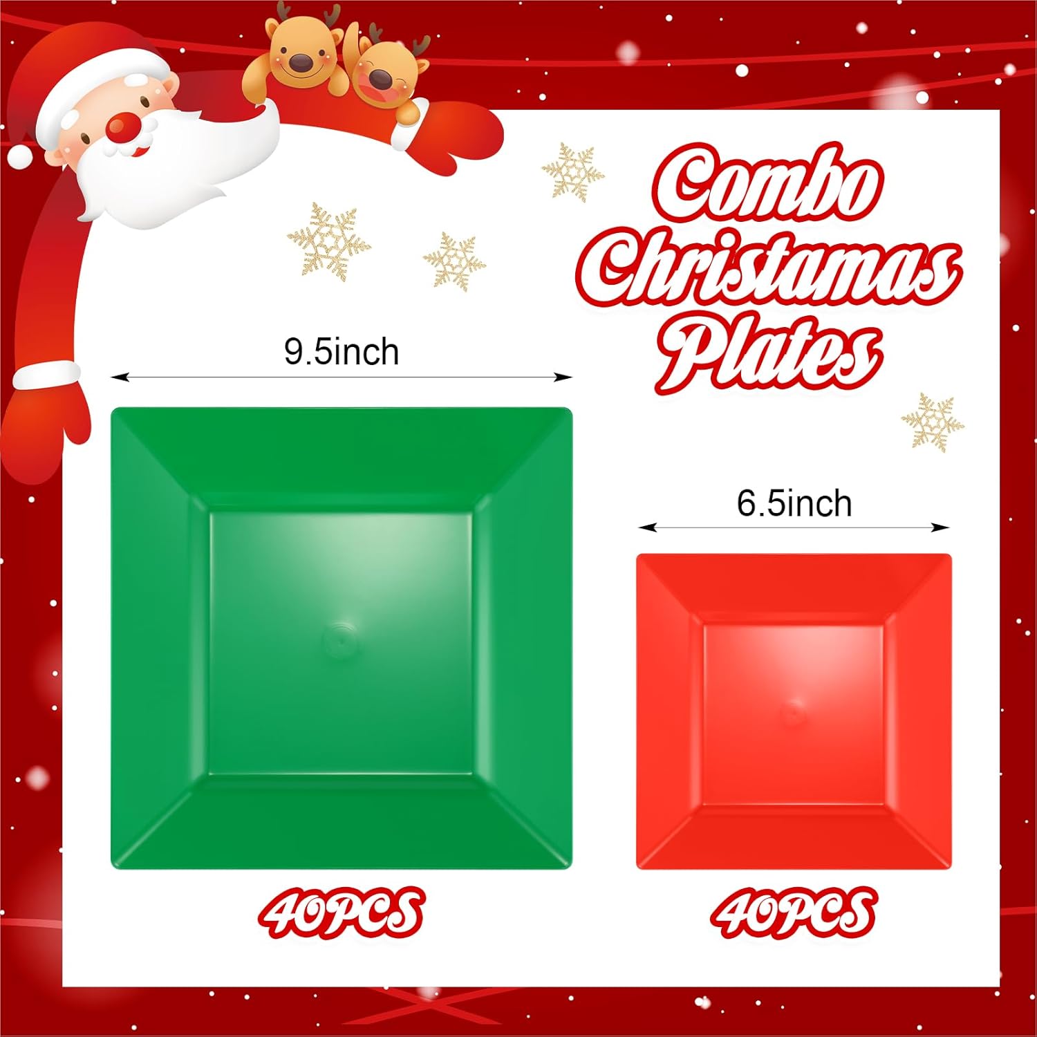 Maxcheck 80 PCS Square Combo Christmas Plates Set Includes 40 PCS Green Dessert Plates, 40 PCS Red Disposable Plastic Plates Dinnerware Heavy Duty Xmas Dessert Plates Bulk for Christmas, 6.5'', 9.5''