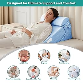 Bedluxe 3Pcs Orthopedic Bed Wedge Pillow Set, Foam Wedge Pillow Post Surgery for Back, Leg and Knee Support, Adjustable 9&12 Inch Folding Triangle Pillow for Sleeping, Acid Reflux, Snoring, Light Blue