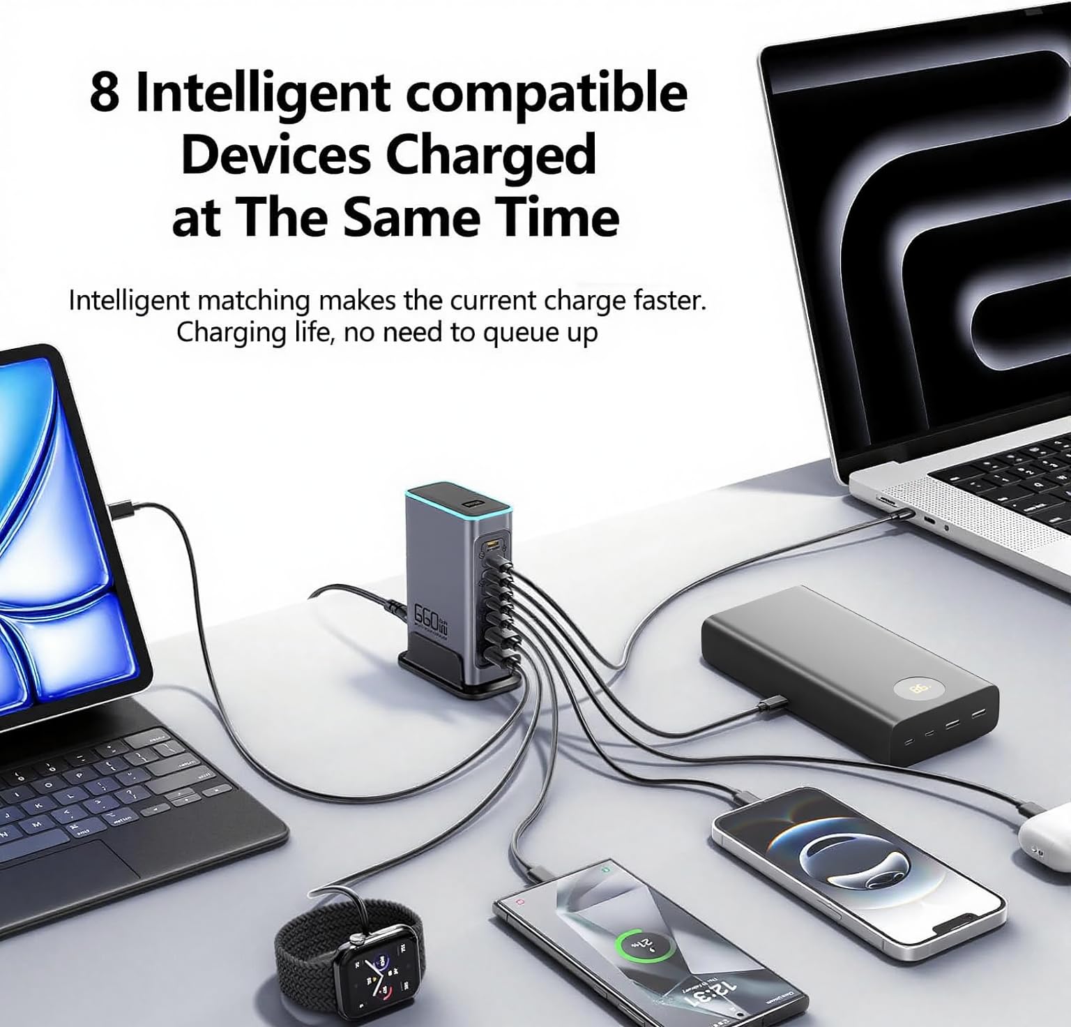 660W Caricatore USB C Multiplo, Hub di Carica Rapida PD 100W a 8 Porte con Tecnologia GaN, Alimentatore USB, Compatibile con Laptop, MacBook/iPad/iPhone/Samsung