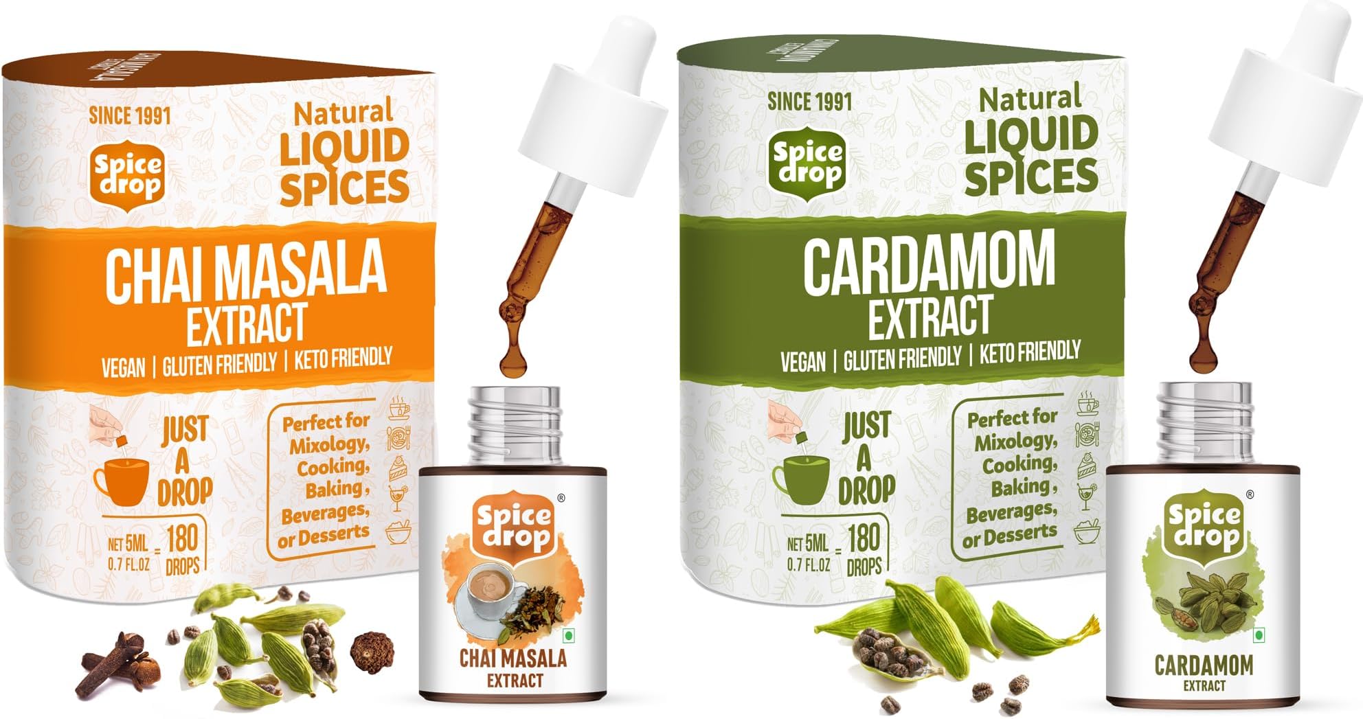 Spice Drop Chai Masala Elaichi Tea Combo | Natural Extract of Cardamom (Elaichi), Tea Masala (Chai Masala) | For Food, Beverages, and Dessert | Flavours 360 Cups Of Tea | 5 ML x 2 Packs