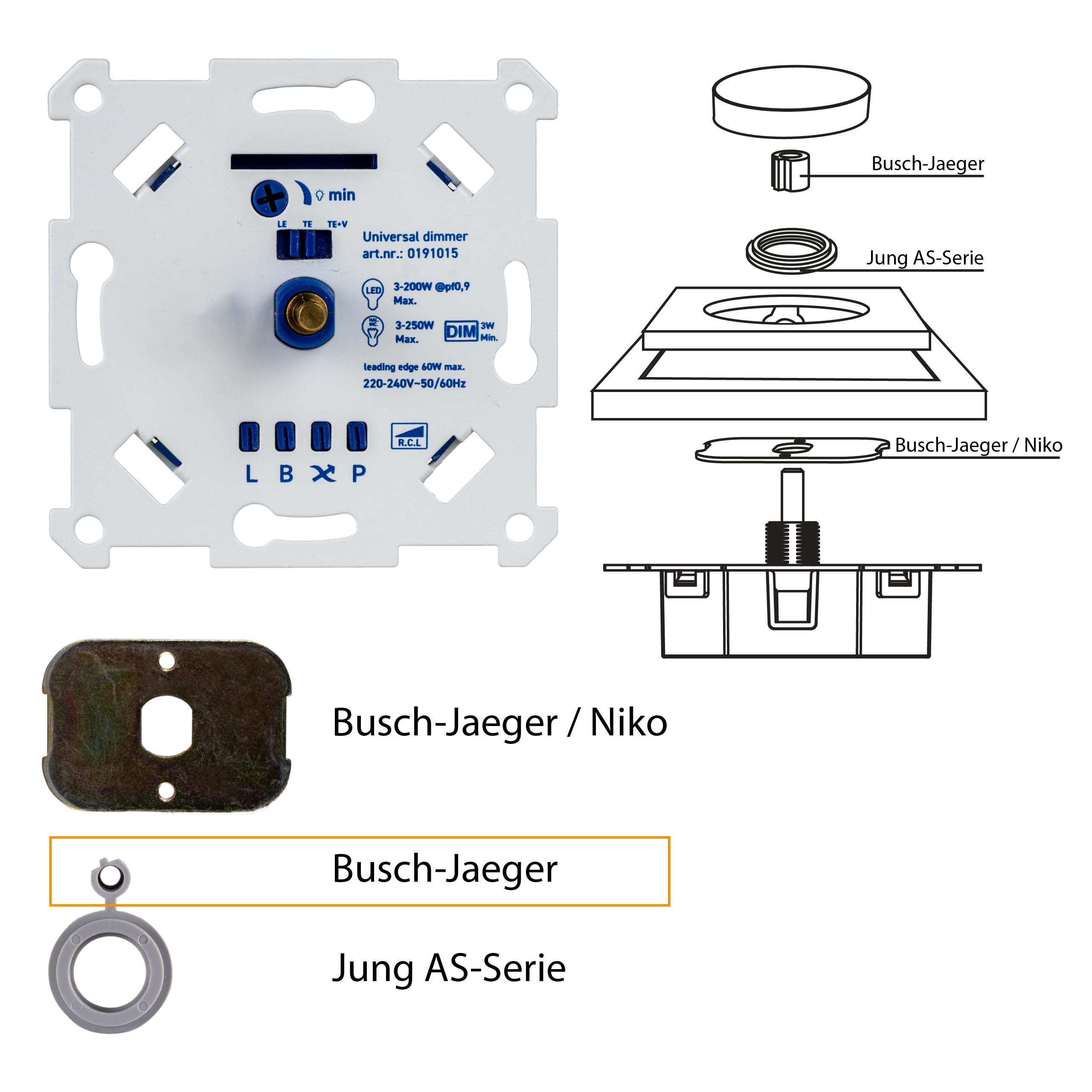 LED-Dimmer 3-250W Digital, nur 16 mm Einbautiefe, UP-Drehdimmer zum Dimmen von LED und Halogen 3-250 W kompatibel mit Busch-Jaeger, Gira, Kopp, Merten, Jung, Berker, Phasenanschnitt Phasenabschnitt