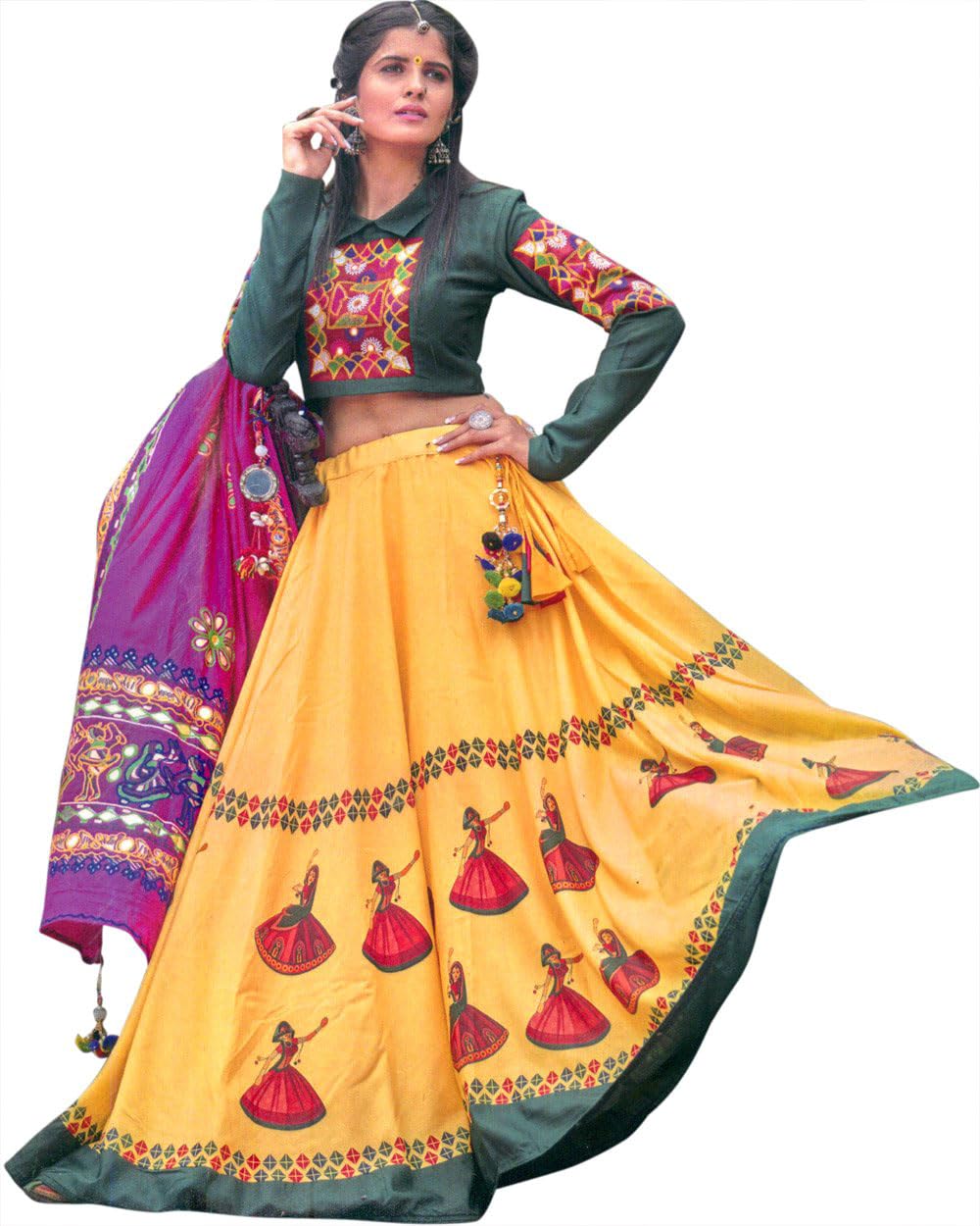 Lehenga exótica India con estampado de baile de niñas y choli 3
