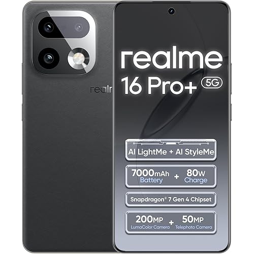 realme 16 Pro+ 5G Smartphone 12+512GB Grey,144Hz AMOLED Display,7000mAh Battery,80W SuperVOOC, 50+200MP Camera, Qualcomm Snapdragon 7 Gen 4 Rocket LPDDR5X, IP69