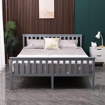 WestWood Double Bed Solid Pine Frame Headboard Durable Shaker Style With Footboard Wooden Platform With Wood Slat Support Bedroom Furniture Strong Support Legs Adults Kids Teenagers Grey