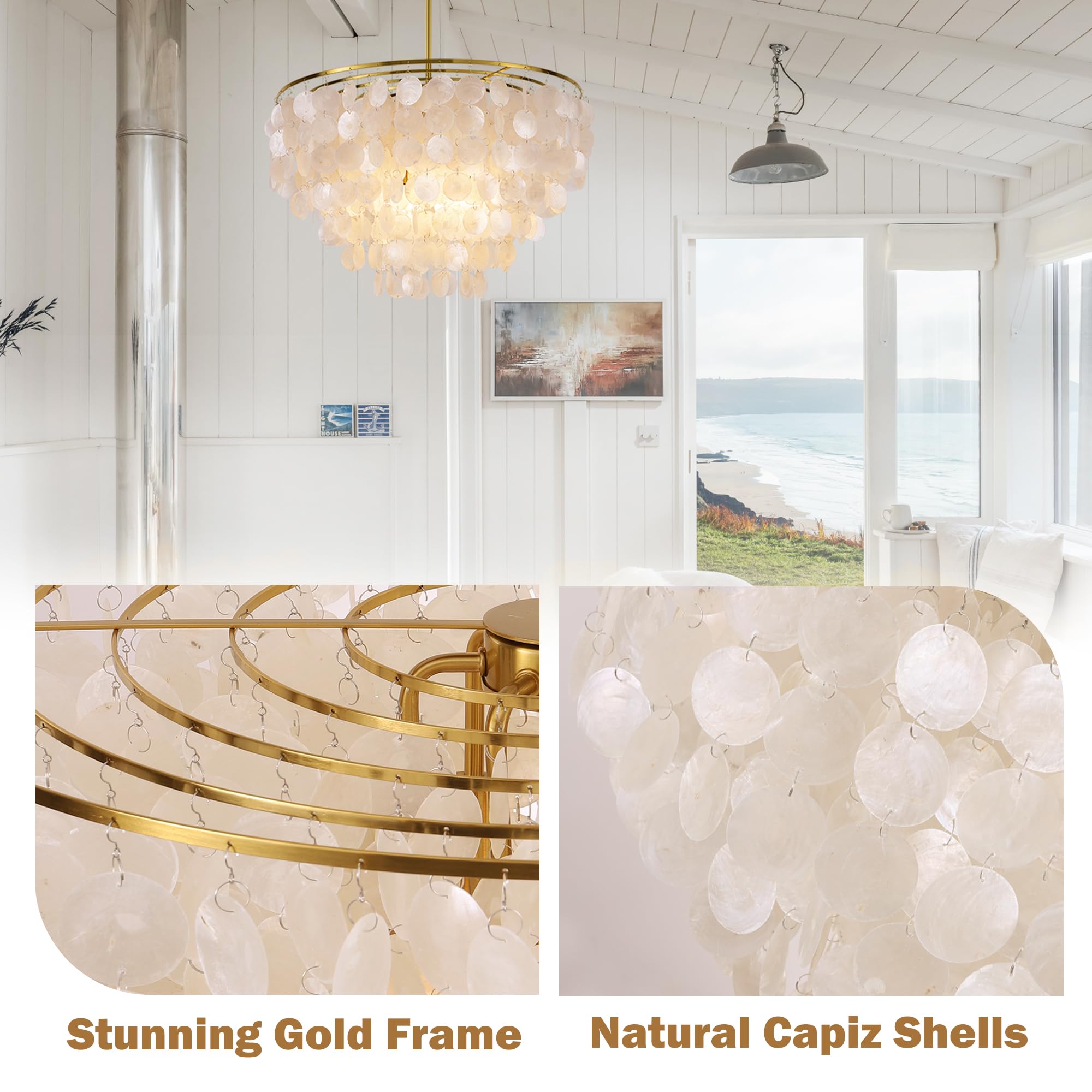 Wellmet Capiz Shell Chandelier, 6 Lights Gold Coastal Chandeliers
