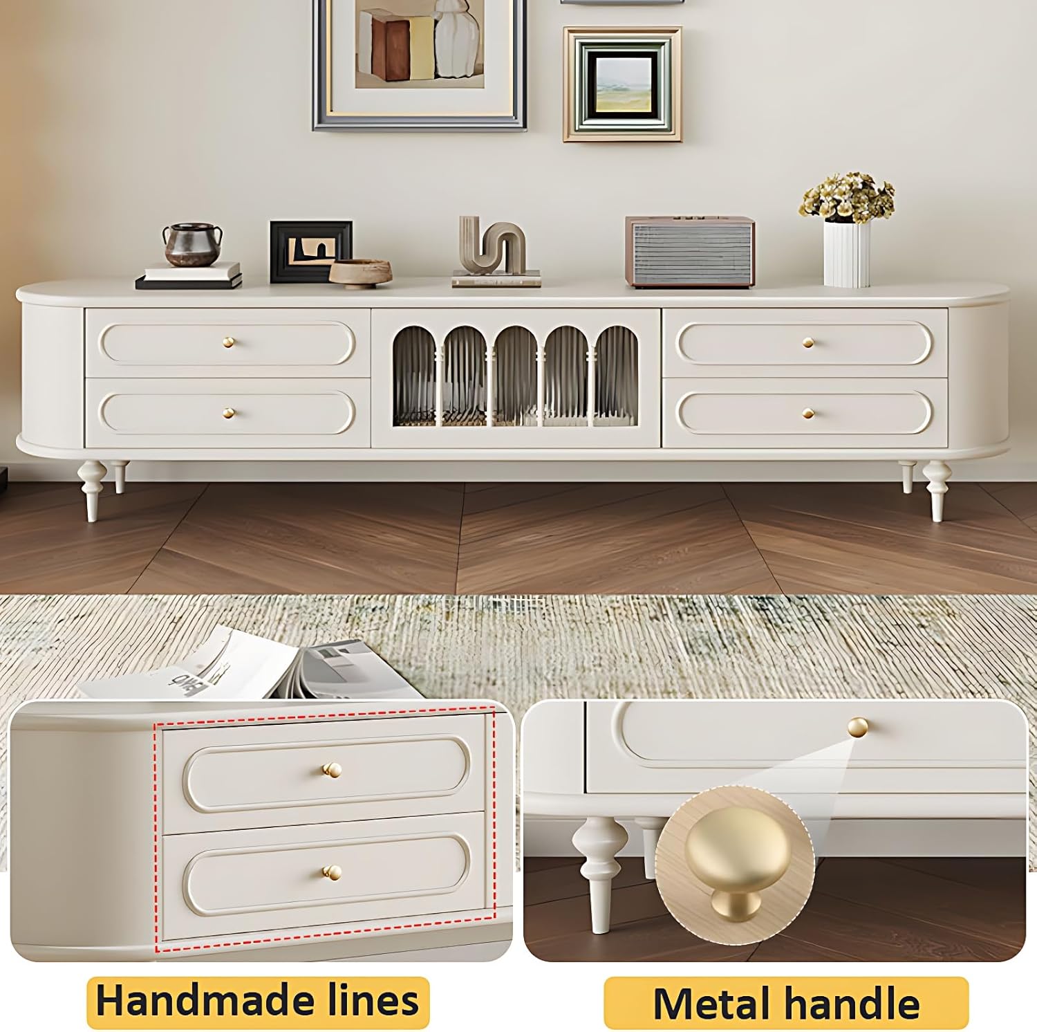Modern TV Stand - TV Cabinet Table with Removable Back Panel | Media Console Fits TVs up to 100 inches, Wood Entertainment Center with Storage, 4 Drawers & Cabinet (White, 86in)
