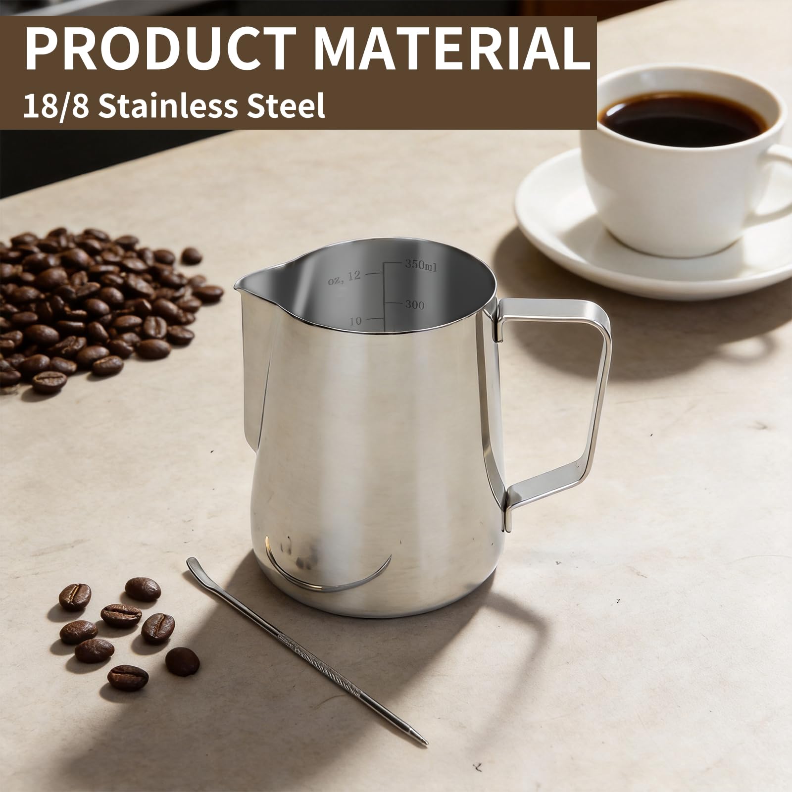 Milchkännchen für Kaffeemaschine, 350ml Edelstahl milchkännchen dampfende Krüge, Skala Kaffee/Milch/Cappuccino/Latte Art Barista Dampf Krüge, Milchkranke Tasse mit Dekoration Stift Tasse (350ml)