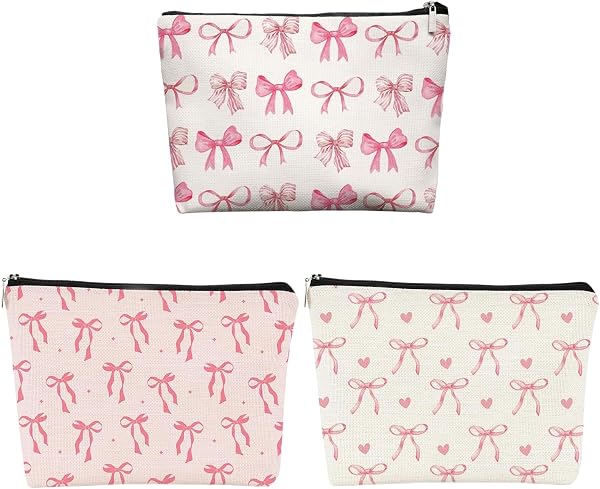 MLPKOI 3PCS Trousse de Toilette Voyage, Rosa Schleife Trousse de Maquillage pour Sac à Main Cosmétiques à Glissière Portable Accessoires de Voyage Femmes - 1