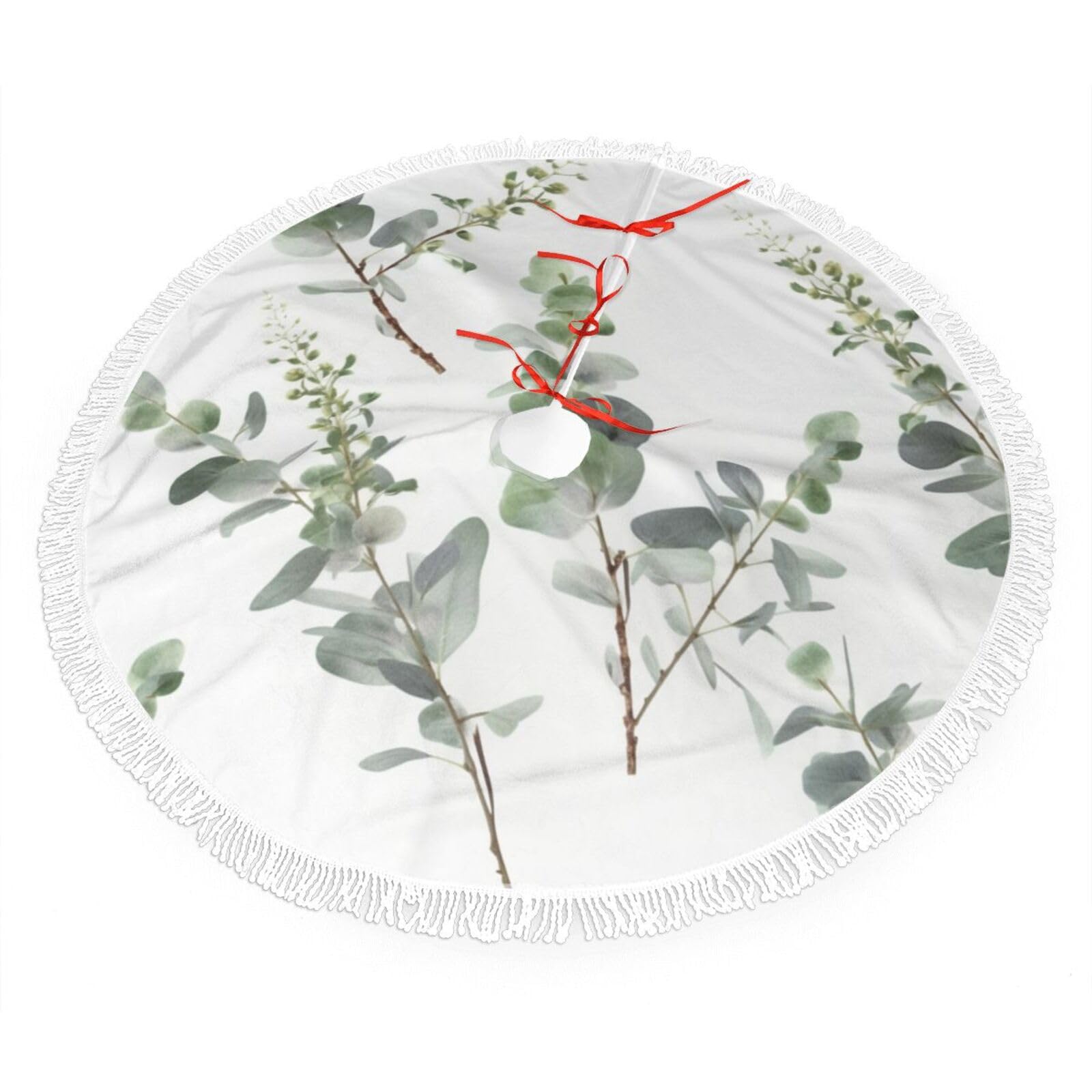 White Natural Greenery Twig Christmas Tree Skirt 48", Soft Plush Xmas Tree Carpet with Tassel Christmas Ornaments Winter Holiday Tree Mat Decoration for Home Party Supplies