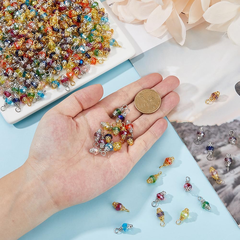320pcs 6 Colors Crystal Dangle Charms Colorful Glass Crystal Pendants Glass Drop Bead Charm with Golden & Platinum Bead Cap for Necklace Bracelet Earring Jewelry Making