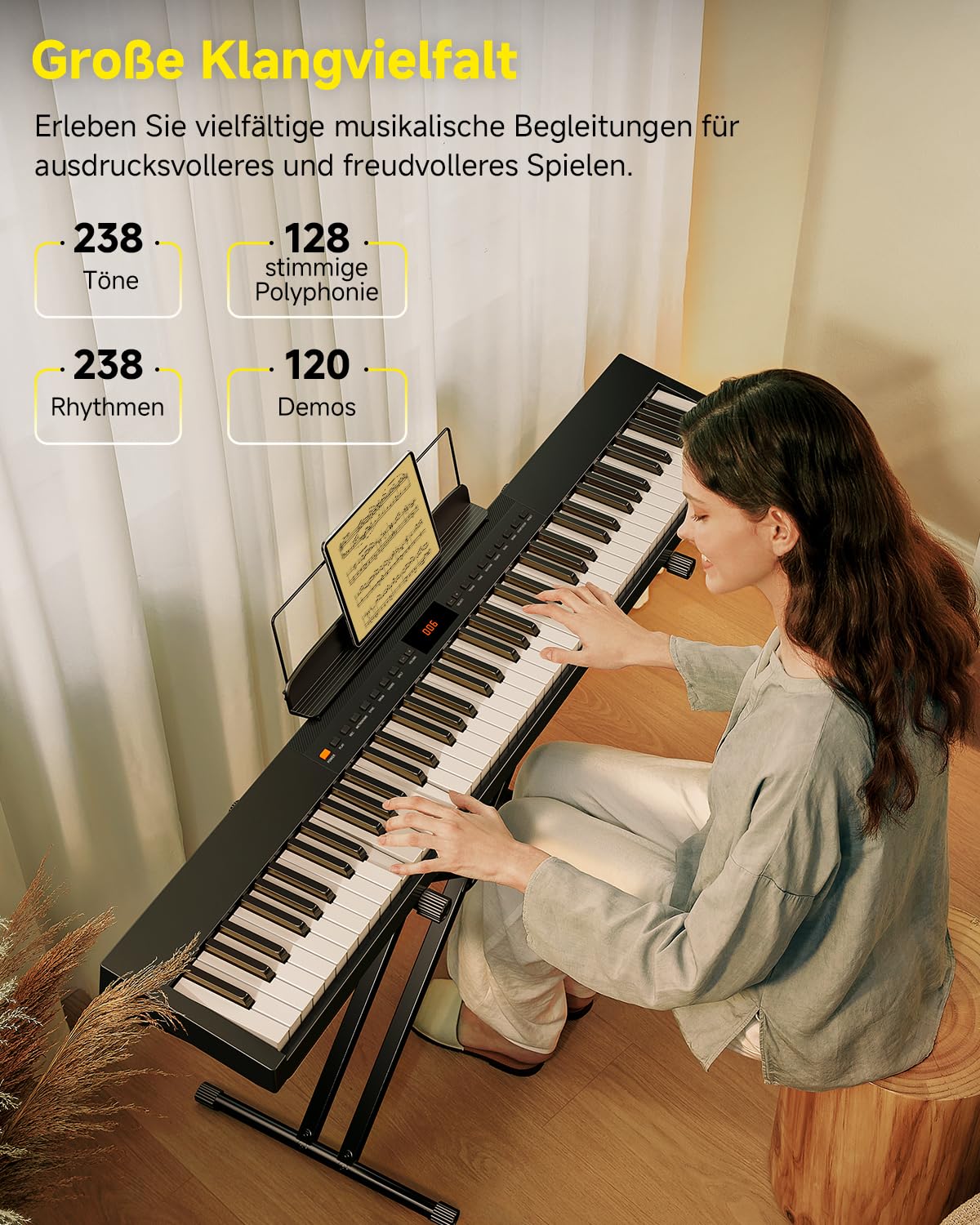 Donner DEP-05 Digitalpiano mit 88 halbgewichteten anschlagdynamischen Tasten für Anfänger, tragbares E-Piano Keyboard Set mit abnehmbarem X-förmigem Ständer und Pedal, Drahtloses und USB-MIDI, Schwarz
