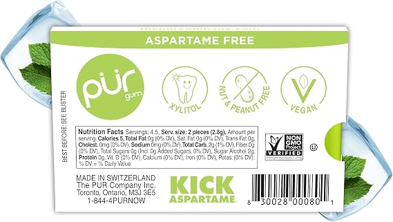PUR Gum | Sugar Free Chewing Gum | 100% Xylitol | Vegan, Aspartame Free, Gluten Free & Diabetic Friendly | Natural Coolmint Flavoured Gum, 9 Pieces (Pack of 12)